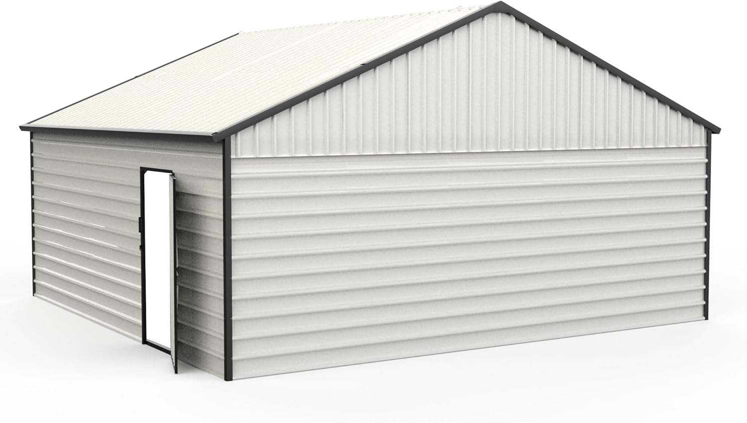Shed exterior showing the side entry door open