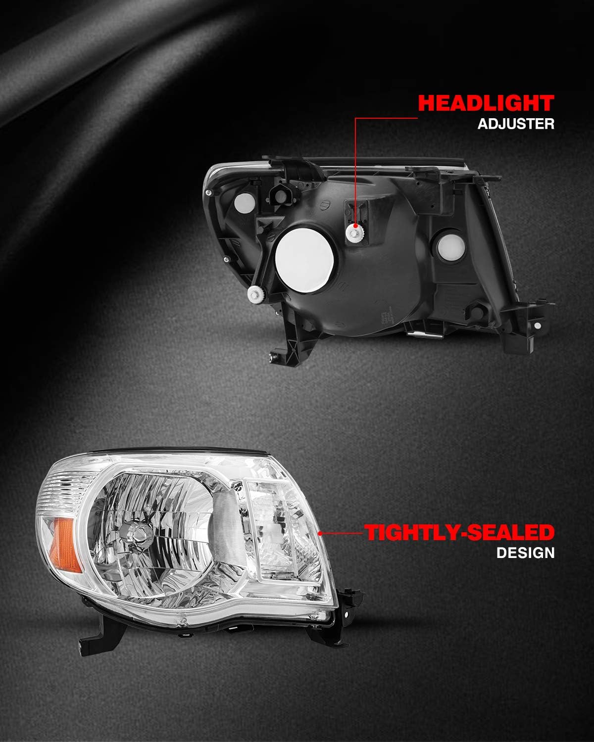 Torchbeam Headlight Assembly Replacement for 2005 2006 2007 2008 2009 2010 2011 Tacoma Headlights Chrome Housing Amber Reflector Clear Lens Passenger and Driver Side