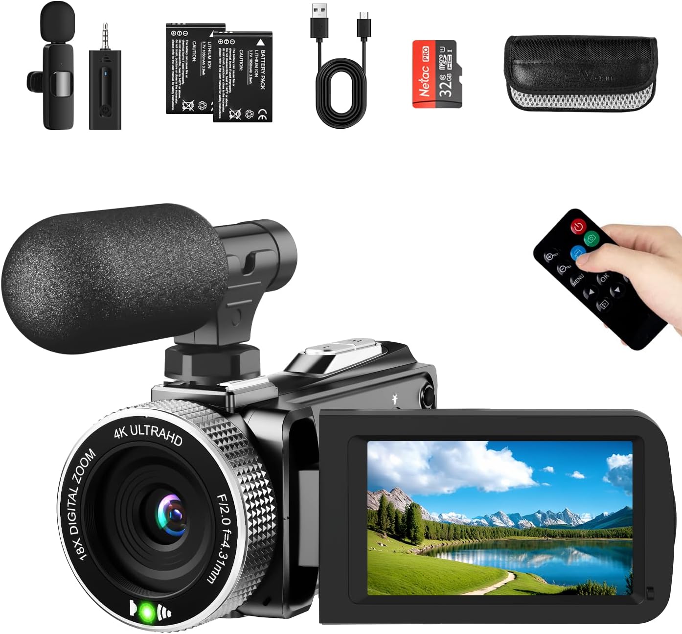 4K Video Camera Camcorder 48MP 60FPS UHD for YouTube Vlogging 18X Digital Zoom 3" IPS 270° Flip Screen Video Camcorder with Wireless Lavalier Microphone, 32GB SD Card, 2 Batteries and Remote Control