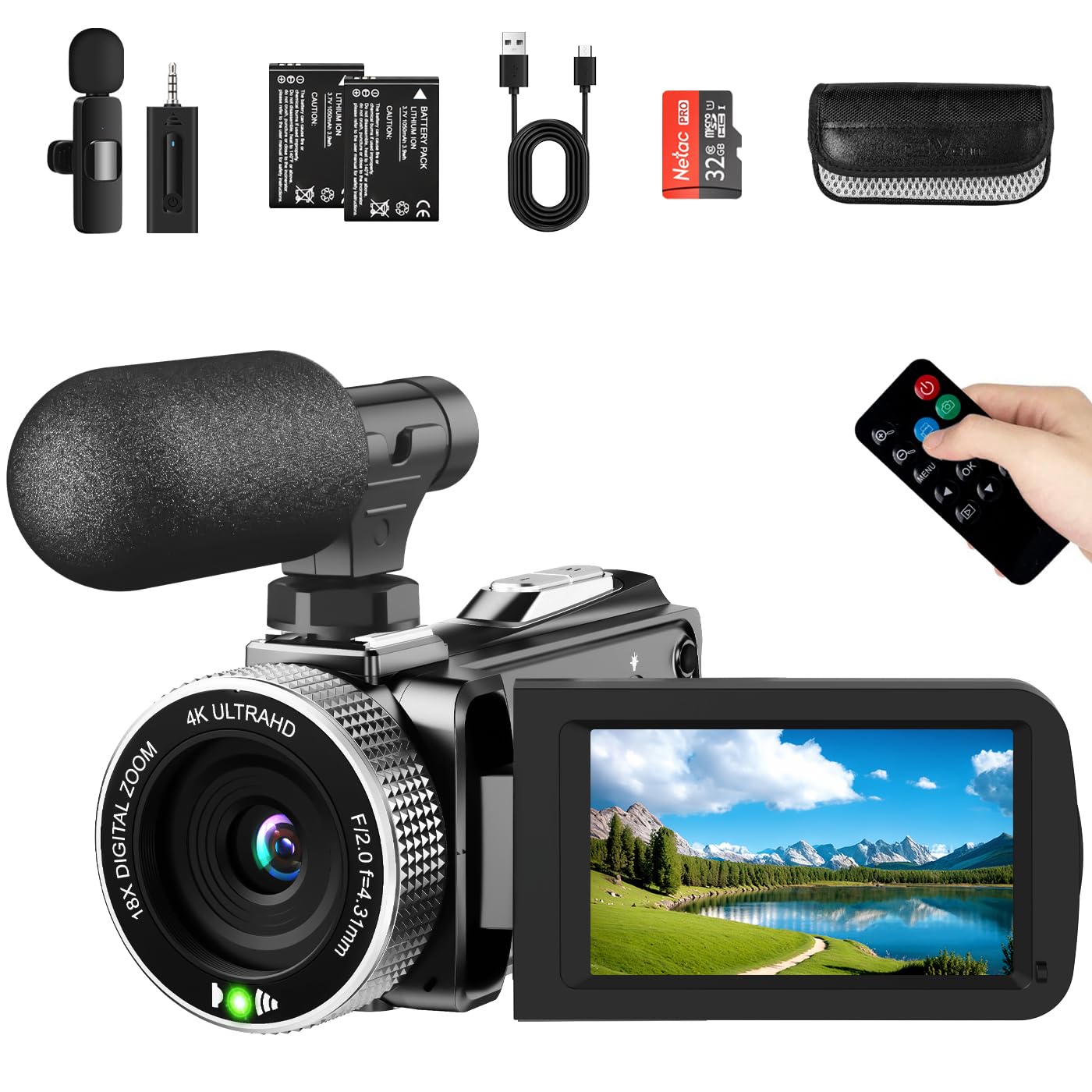 Videocamera 4K 48MP 60FPS UHD per YouTube Vlogging Zoom digitale 18X 3" IPS 270° Flip Screen Videocamera con microfono Lavalier wireless, scheda SD da 32 GB, 2 batterie e telecomando