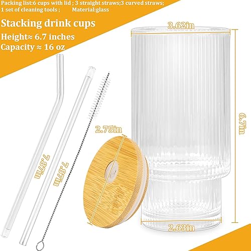 Miniatura 9 de SogYupk Juego de 6 vasos de vidrio con tapa de pajitabambú, vasos apilables de 12 onzas, ideal para whiskycócteles, jugocafécerveza, apto para