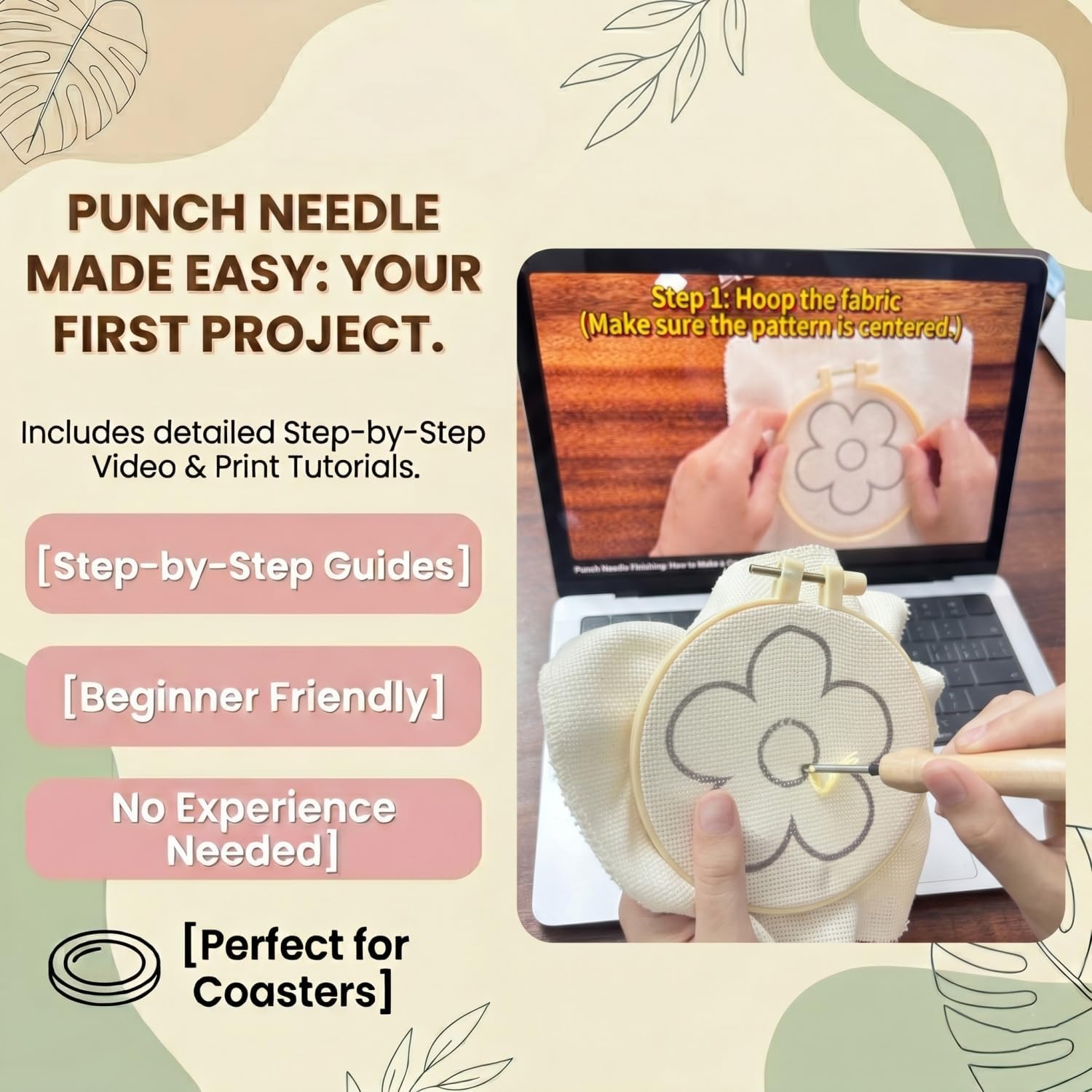 Punch Needle Kit for Adult Beginners, 3-4" Needle Punch Coaster & Bag Charm Starter Set, DIY Embroidery Crafts with Premium Monk's Cloth, Extra Yarn & Video Tutorial, Stress Relief Gift, 5 Projects