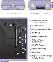 Vista 9 de Tocadiscos de Vinilo Bluetooth con Altavoces Integrados, Transmisión por Correa de 3 Velocidades, Reproducción y Grabación USB, Regalo Retro