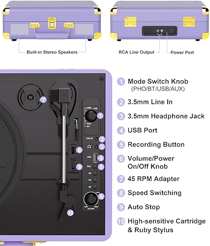 Miniatura 9 de Tocadiscos de vinilo Bluetooth con altavoces integrados, transmisión por correa de 3 velocidades, reproducción y grabación USB, regalo retro