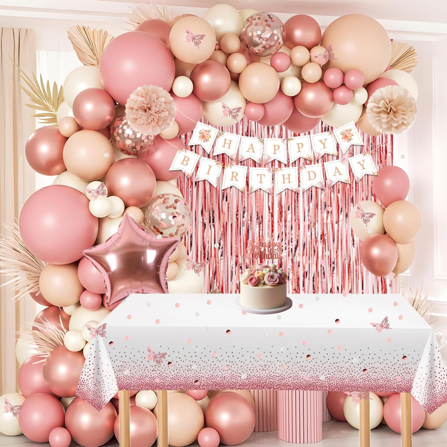 Birthday Decorations for Women Girls, Retro Blush Pink Birthday Party Decorations, Happy Birthday Banner, Crown, Sash, Pink Rose Gold White Sand Nude Balloons, Butterfly, Fringe Curtain, Tablecloth - Image 5