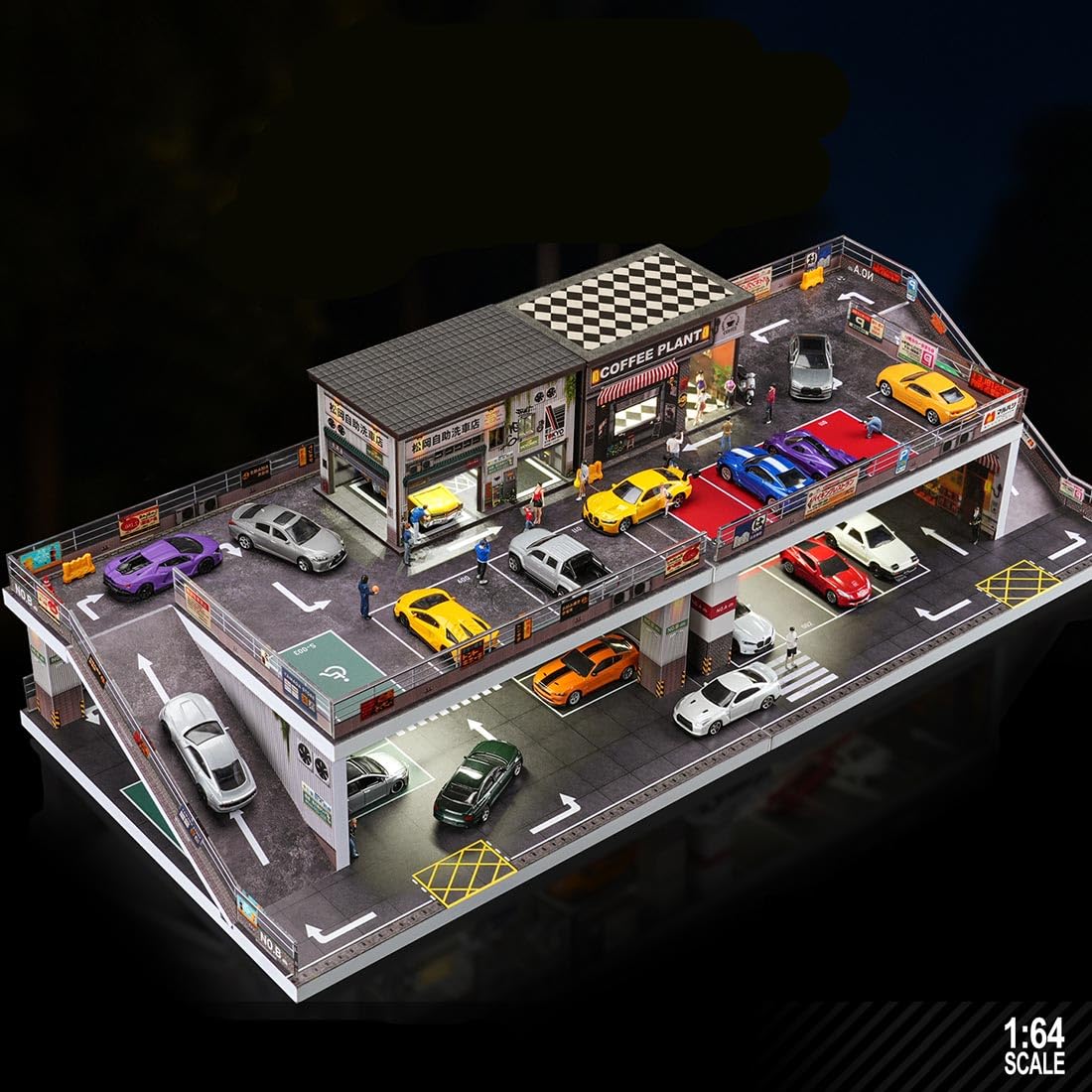 Skala 1/64 parkingu, myjnia samochodowa, model sceniczny ze światełkami, budynek dioramy, miniaturowy domek dla lalek (figurki i modele samochodów nie wchodzą w zakres dostawy)