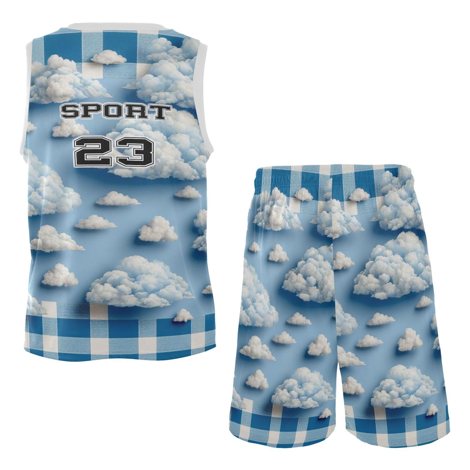 FLildon Blue Gingham with Clouds Boys Basketball Jersey Set Tank Top Shorts Tracksuit Sport Training Suit for Kids, S