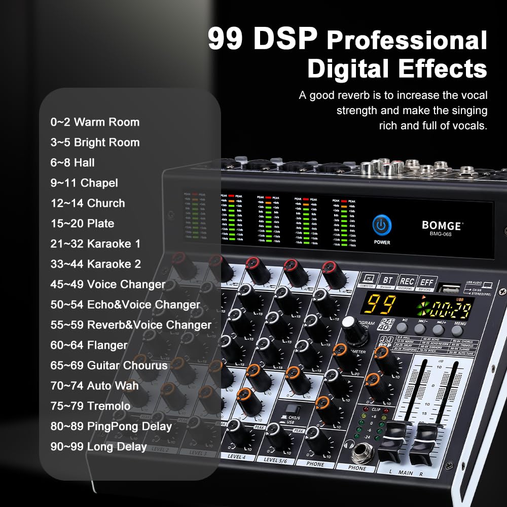 BOMGE Mixer audio professionale a 6 canali console di mixaggio con 99 effetti DSP, +48 V Phantom, Bluetooth, interfaccia USB.2 processore AUX.FX per registrazione in studio e spettacoli dal vivo