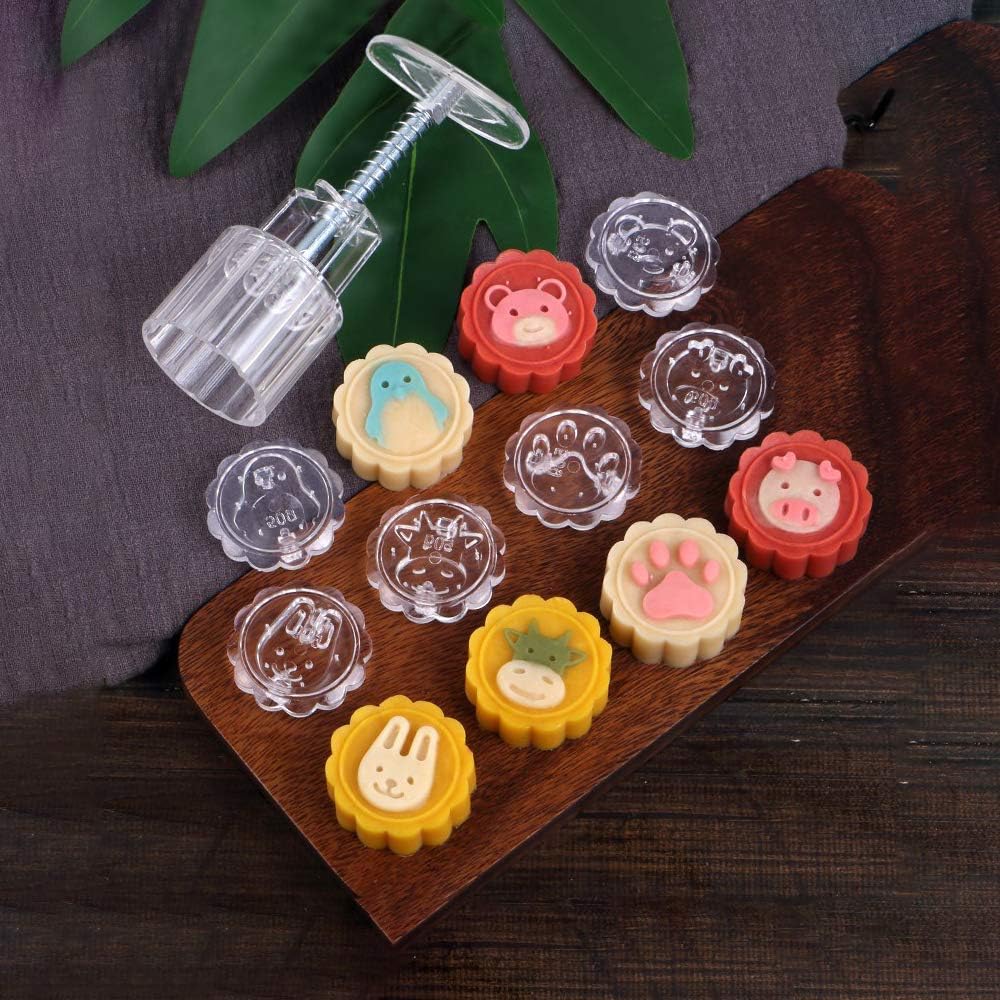 Mooncake Mold 50g, Hand Press Cookie Stamps Cookie Cutters Pastry Tool Moon Cake Maker with 6 Adorable Animal Patterns