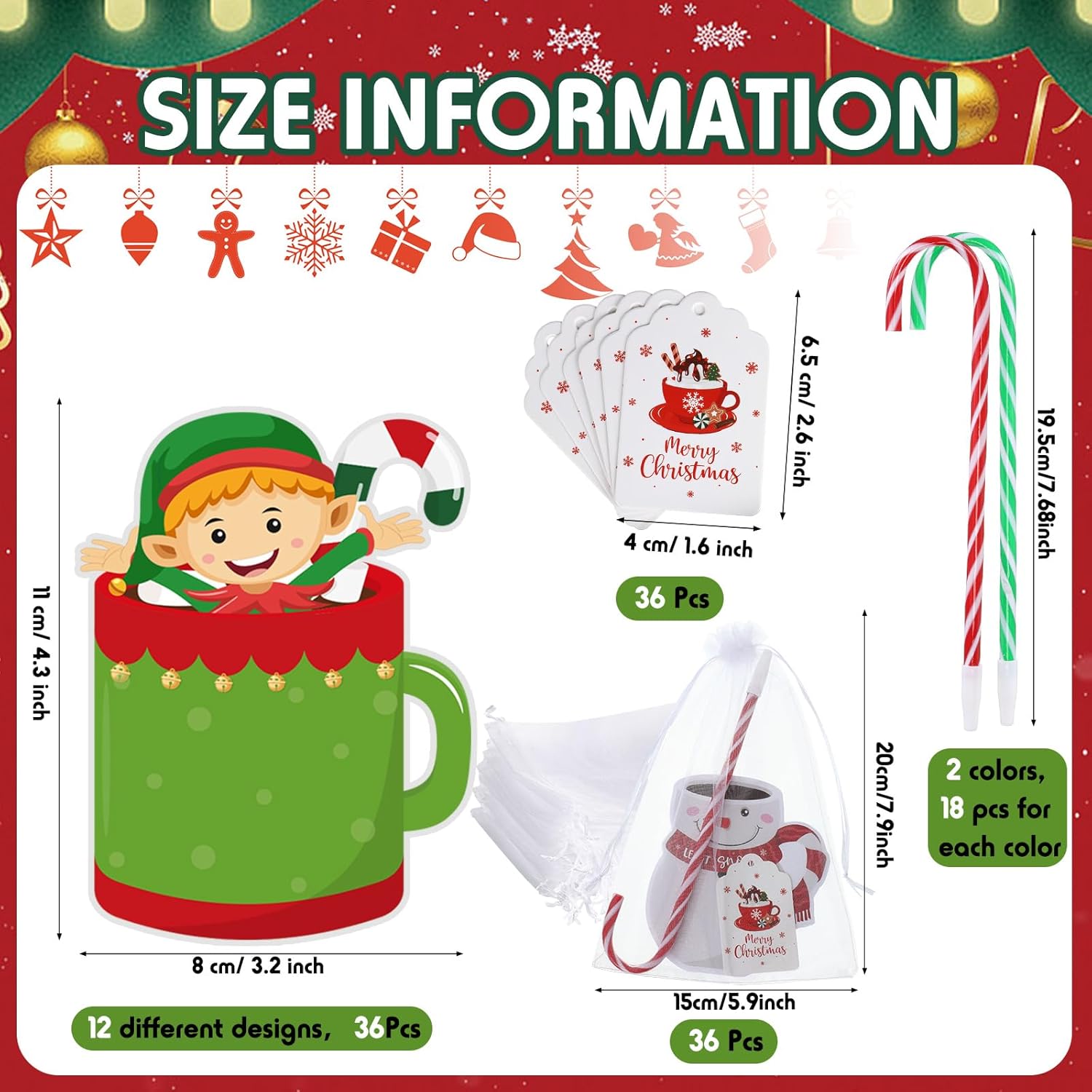 Pasimy 36 Pcs Christmas Sticky Notes Xmas Self Stick Memo Pads Coffee Cup Santa Notepad Set Included Candy Cane Pens Merry Christmas Tag Organza Bag Kids Office Home Party Gift
