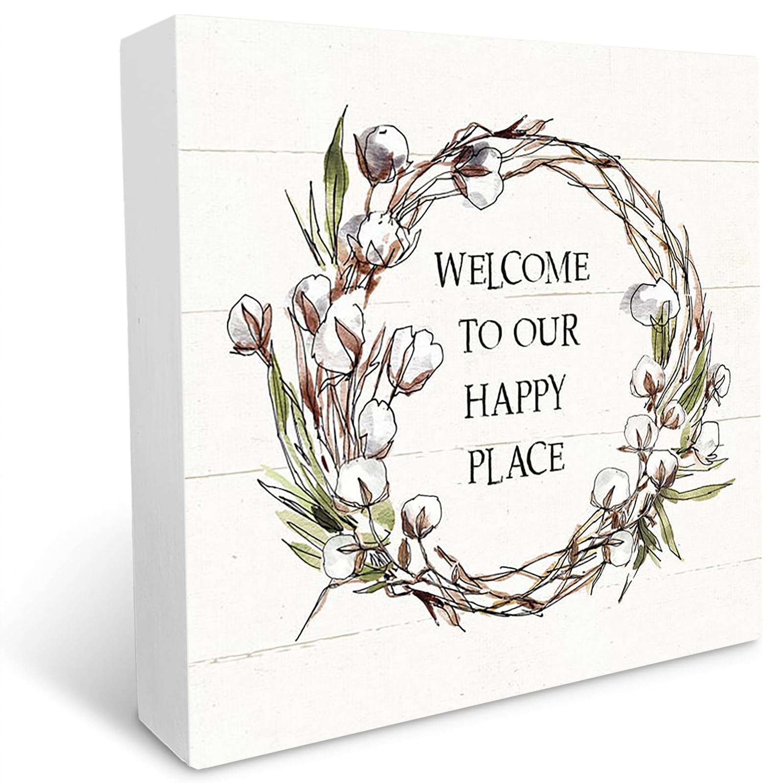 Country Life Welcome to our happy place Wood Box Sign Desk Decor Home Office Cubicle Shelf Decoration 7x7 Inches