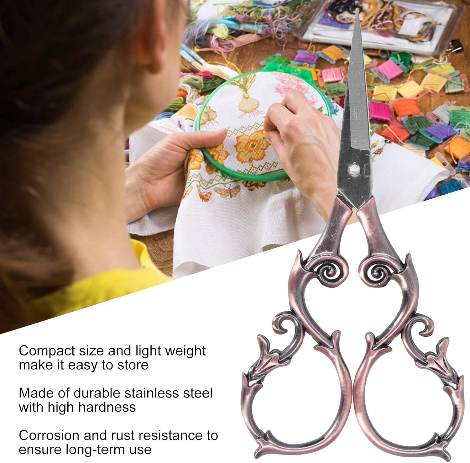 Sewing Scissors, Vintage European Flower Sew Cutting Tool Embroidery Stainless Steel Scissors for Embroidery Sewing Craft Art Work Use(Antique Red)