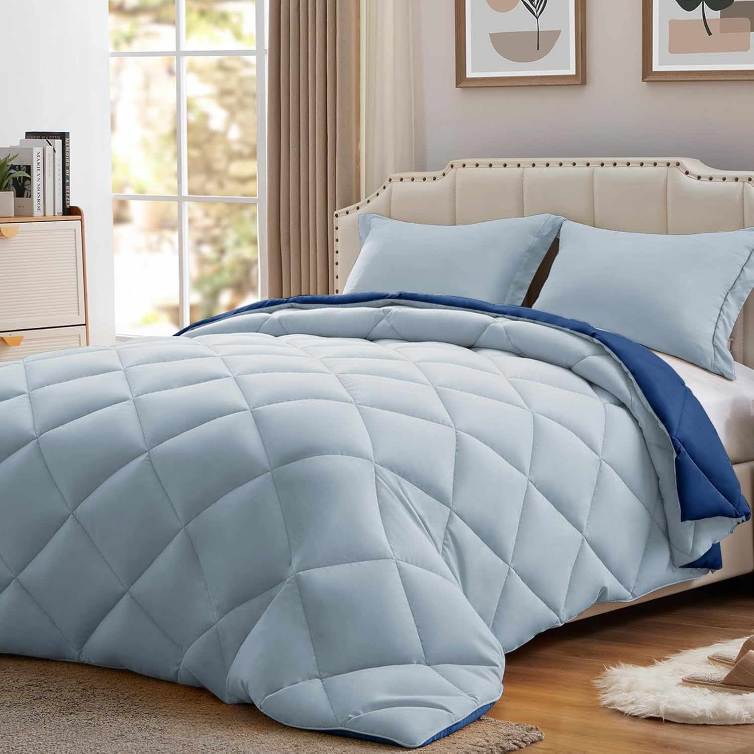NexHome Queen Comforter Set Navy Blue&Light Blue,3 Pieces Lightweight Comforters Queen Size Reversible Bedding Comforters Sets,Down Alternative Comforter Bed Set Quilt Blanket - Image 2