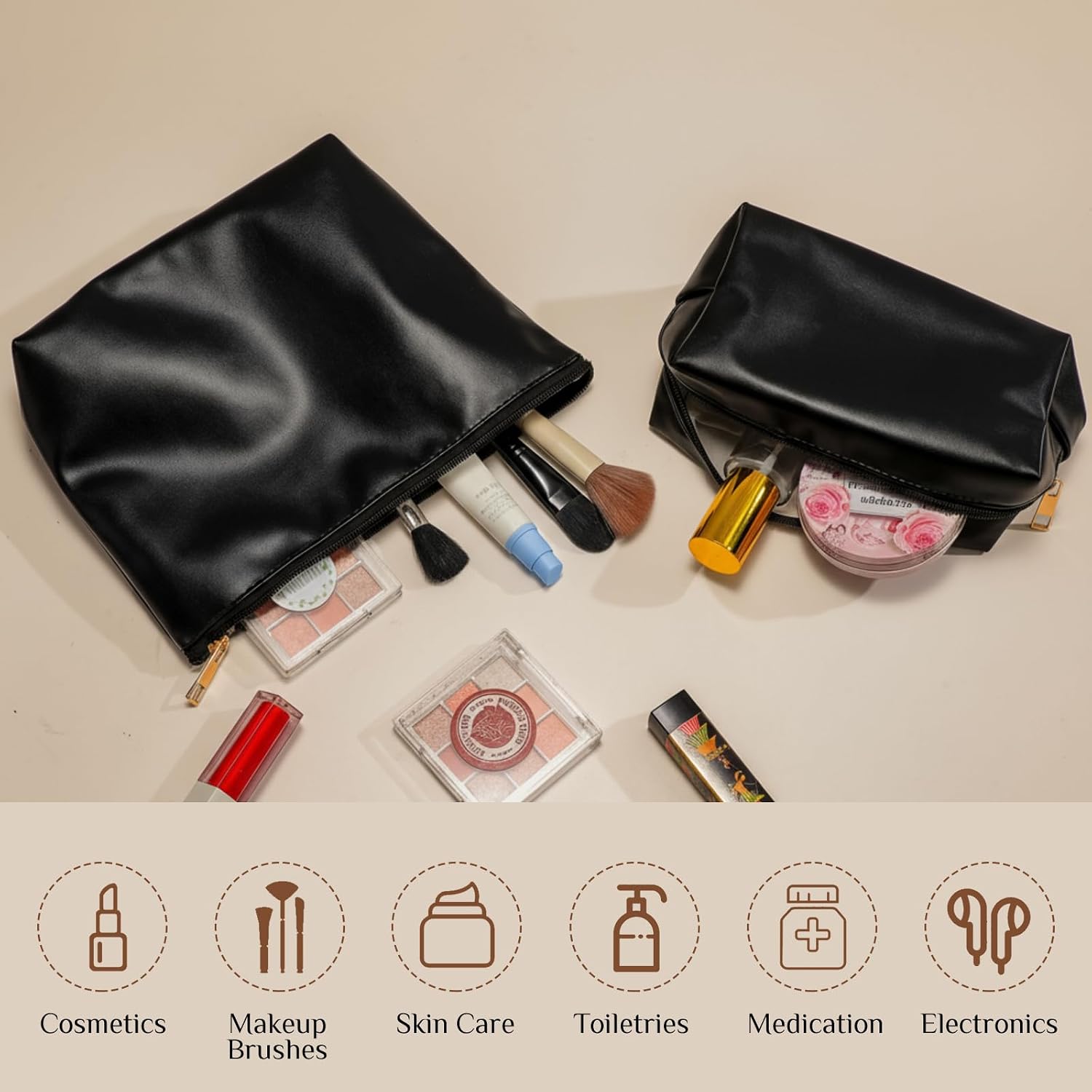 Kigeli 2 Pcs PU Leather Makeup Bag Waterproof Toiletry Case, Black image 4