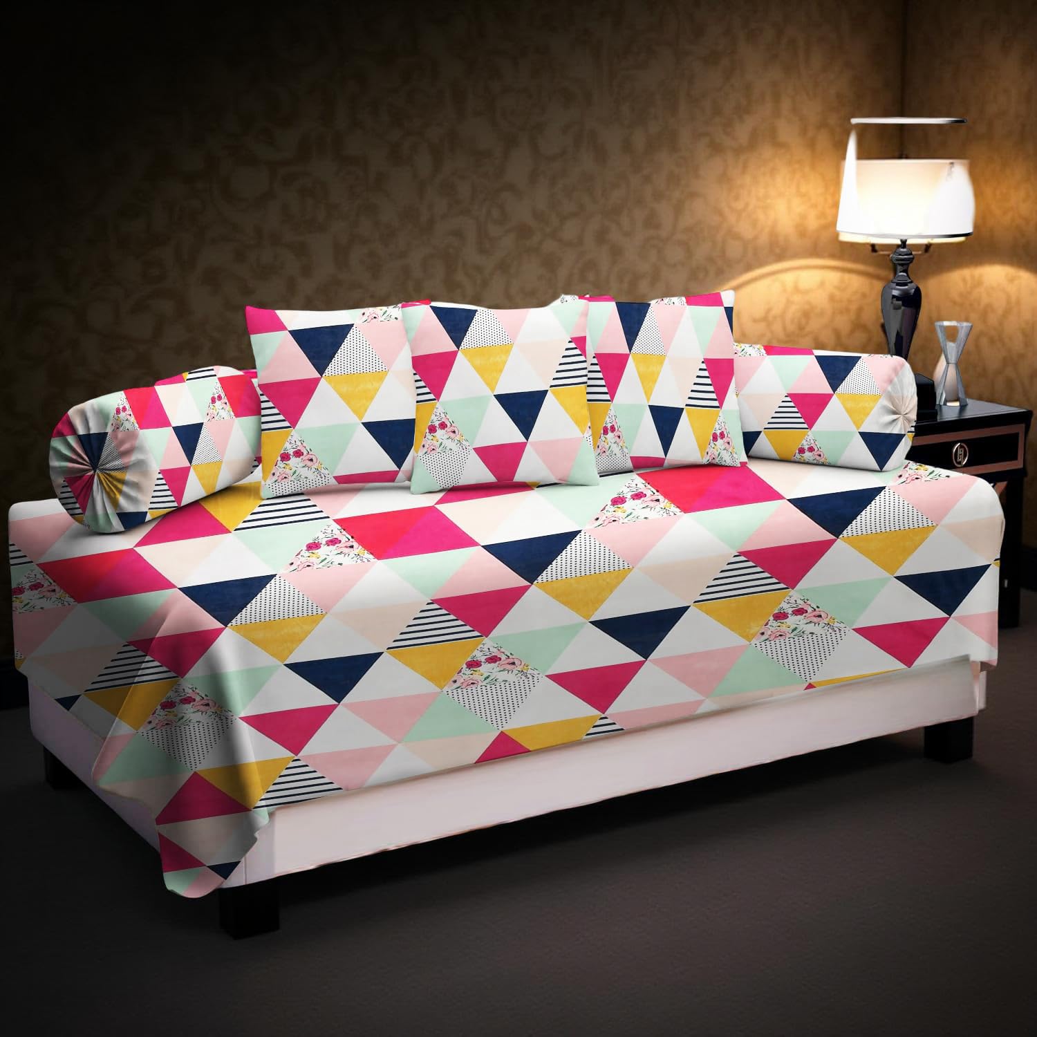 220 TC Diwan Set Covers Polycotton 6 Pieces Pure Cotton Designer Printed Standard Diwan Set (1 Single Bedsheet, 2 Bolster Covers, 3 Cushion Covers) (Geomatric Multi, Standard)-image-48