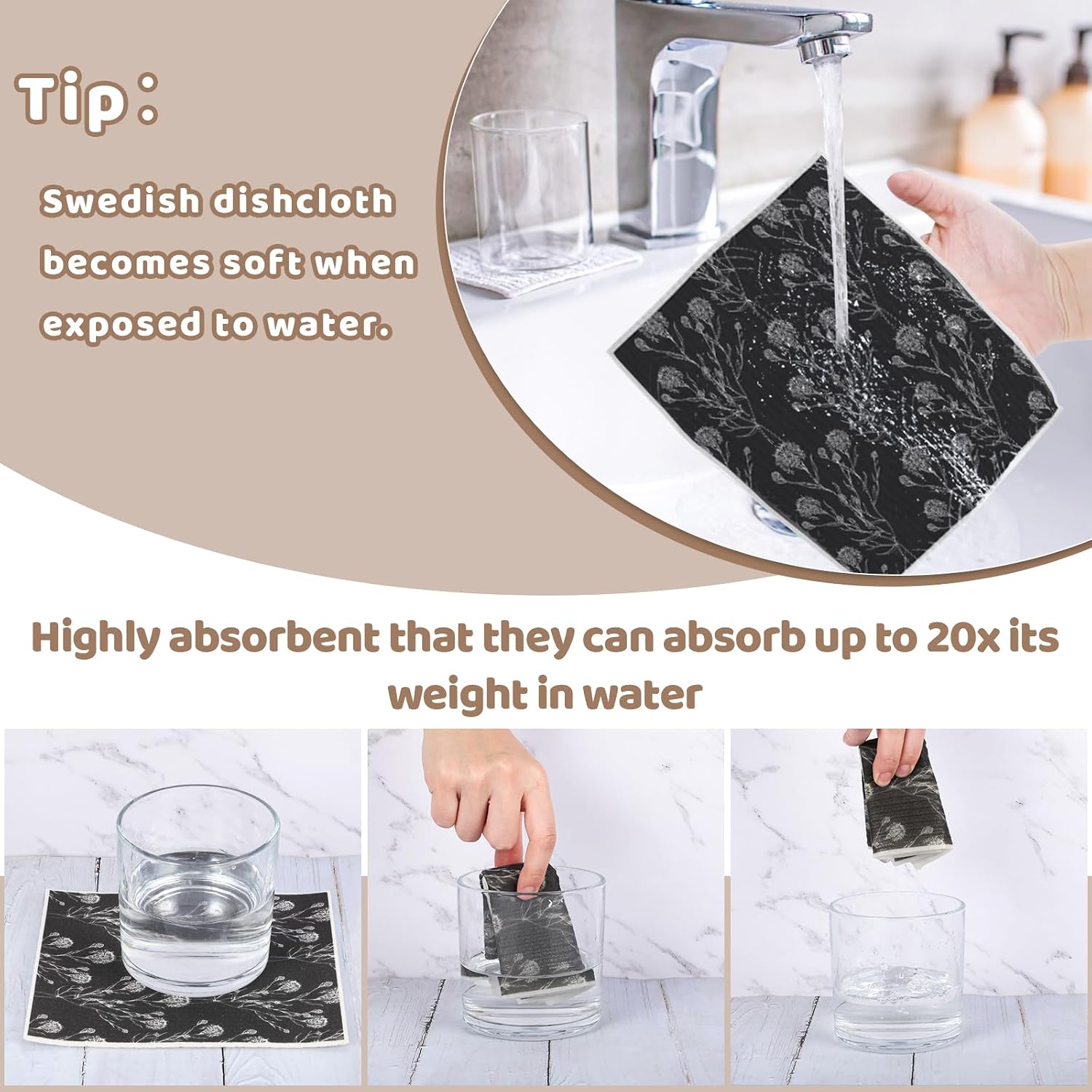 Needbrock 6 Pack Swedish Dishcloths for Kitchen,Swedish Rags Dish Towels with Clips, Reusable Paper Towels Washable Absorbent Cellulose Sponge Cloths No Odor for Cleaning HHome Kitchen Gifts for Host