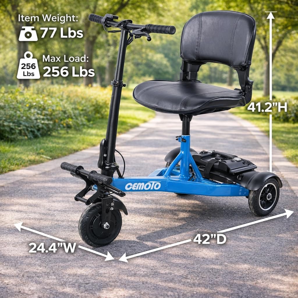 3 Wheel Electric Mobility Scooter with Seat for Adults & Seniors - 200W Motor 6.8 MPH Max Speed 36V 10 AH 24 Miles Range Battery 8" Honeycomb Tires Dual Brake System Removable Folding Seat
