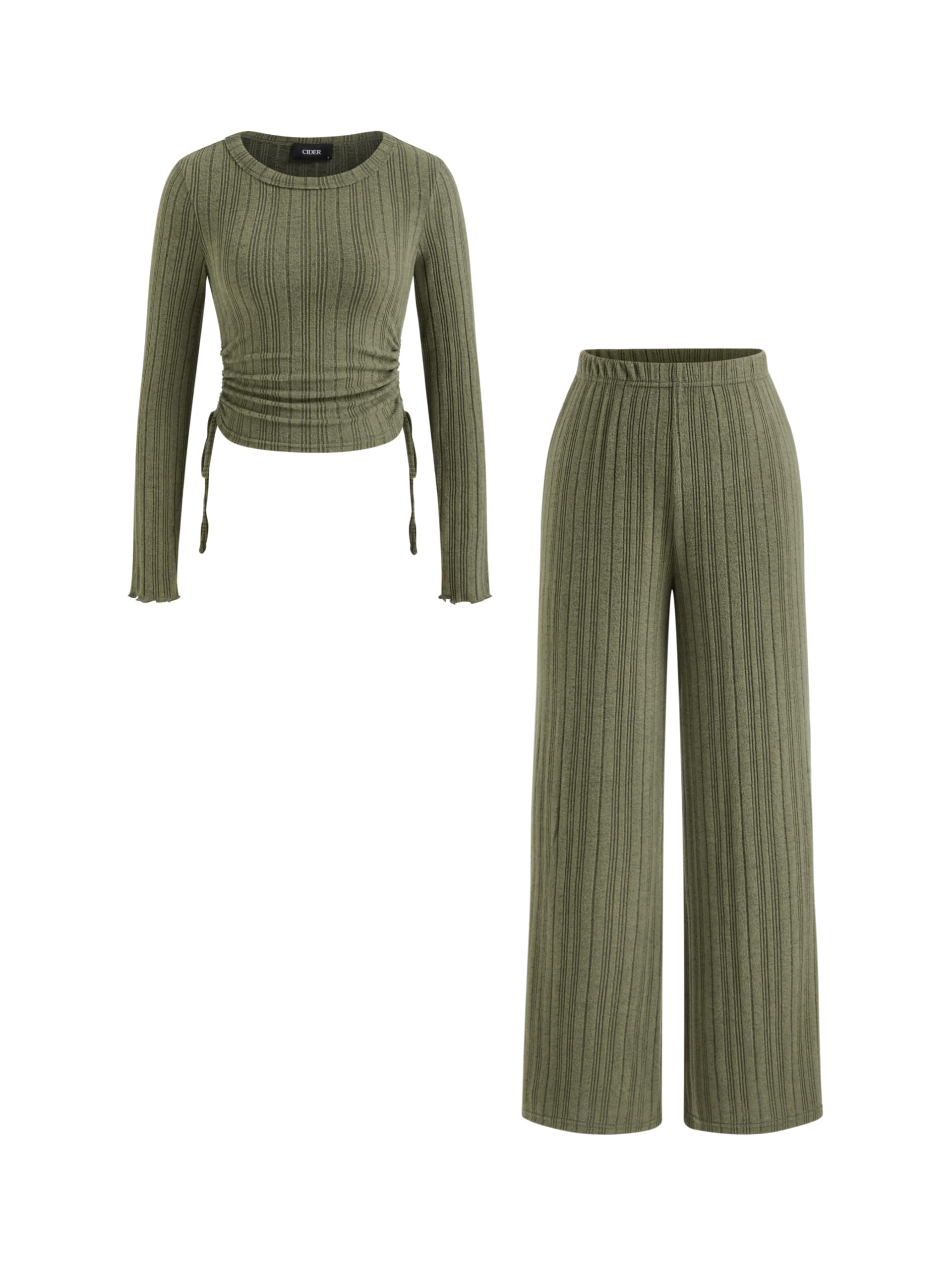 CIDER Damen-Lounge-Set, gerippt, langärmelig, weites Bein, Hose mit Kordelzug an der Taille
