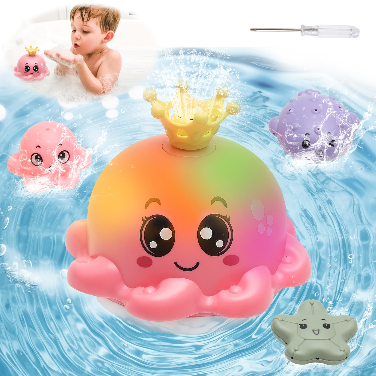 HENGBIRD Juguete de baño bebé con luz y música - Pulpo Interactivo con 4 boquillas Intercambiables, rociador automático de Agua, Juguete sensorial para bañera o Ducha niños 1 año+