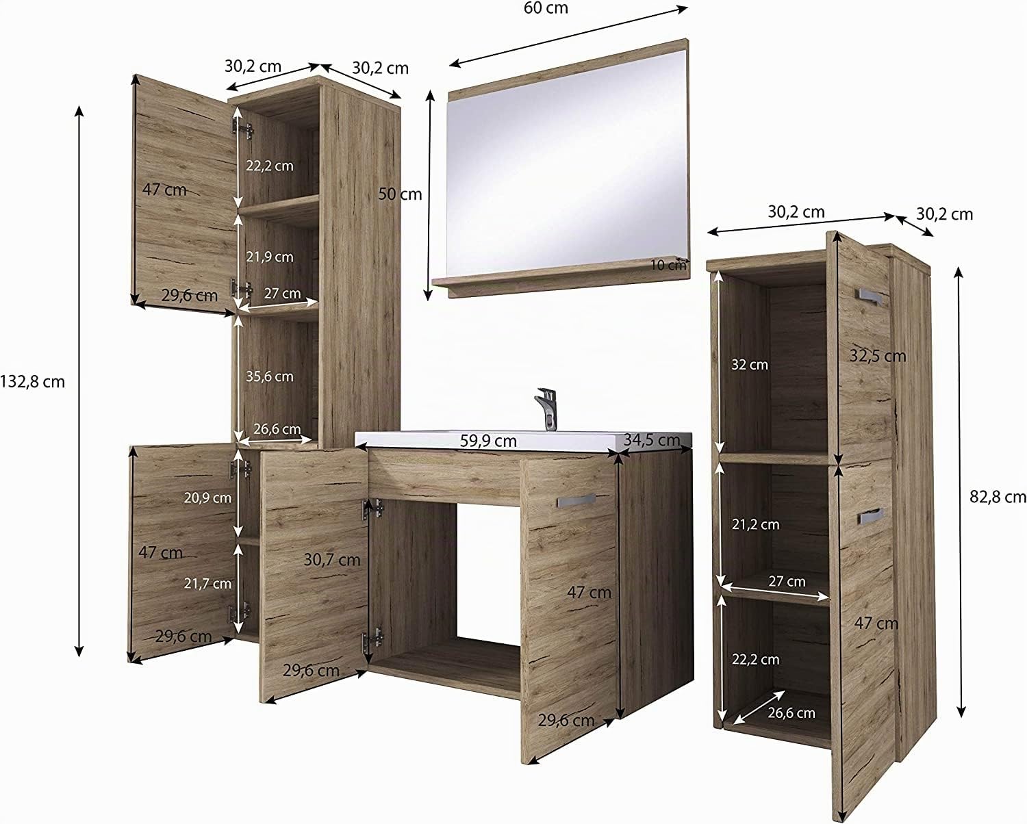 PIASKI - MALO001, Set di mobili da bagno Roma, lavabo incluso, mobili da bagno sospesi e moderni (colore wotan/nero opaco)