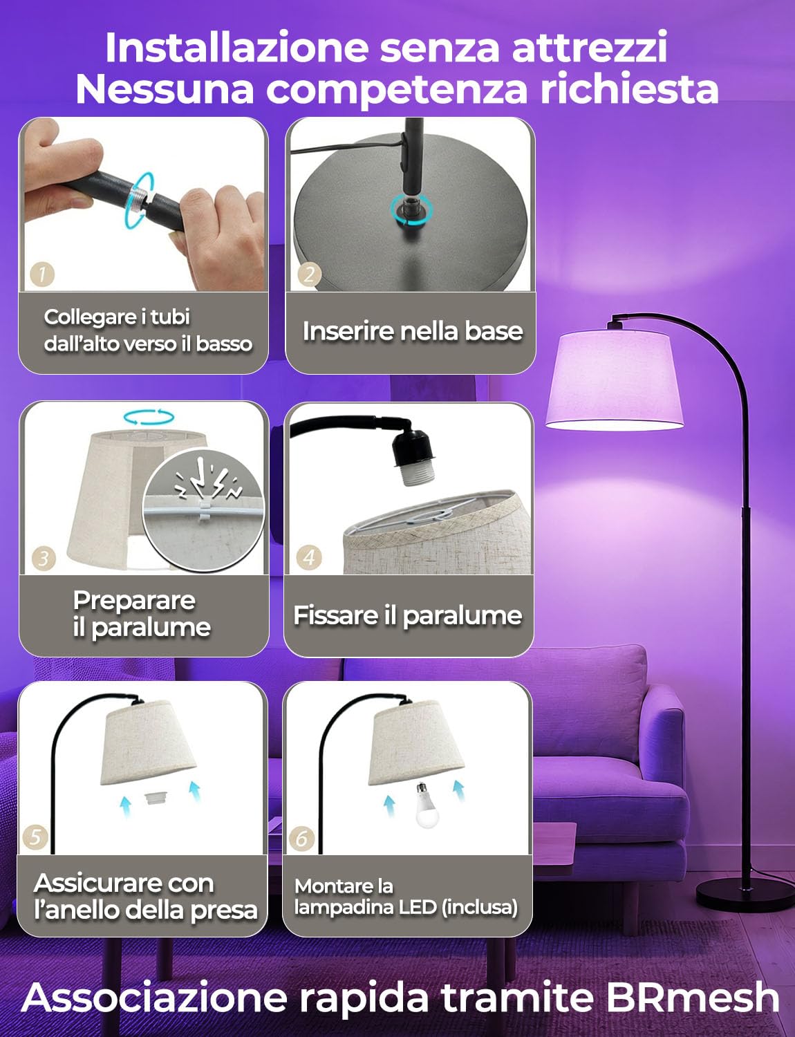 Piantana Lampada da Terra ad Arco Salotto LED Moderna Intelligente RGB,170CM Doppio Controllo con Interruttore a Piede e App, Lampadina Dimmerabile,CRI92, 2700-6000K, 10W 1200LM,per Soggiorno e Camera