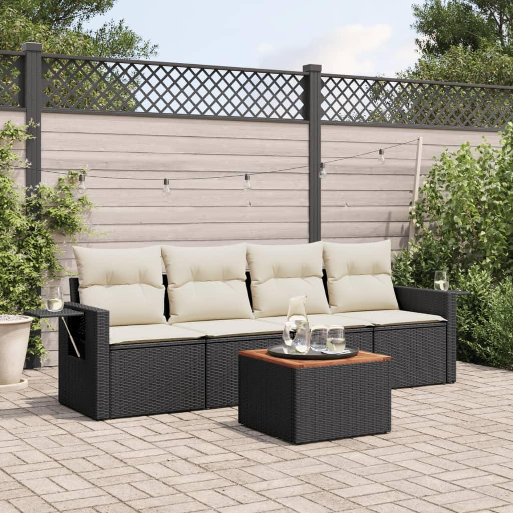 Salon de jardin design en polyrotin et bois d'acacia avec coussins noirs haut de gamme