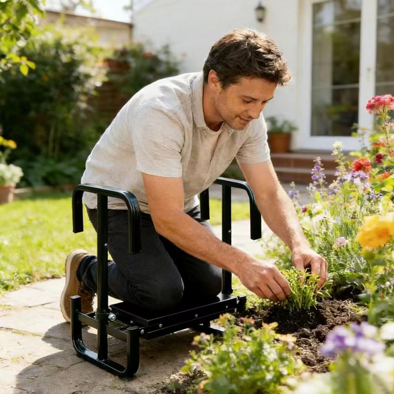 Asiento de Jardín Kneeler 2 en 1 con Bolsa para Herramientas, 60x52x27cm Banco de Jardinería Plegable, Portátil y Plegable Banco de Rodillas, Taburete Reclinatorio de Jardín (Negro) — view 2