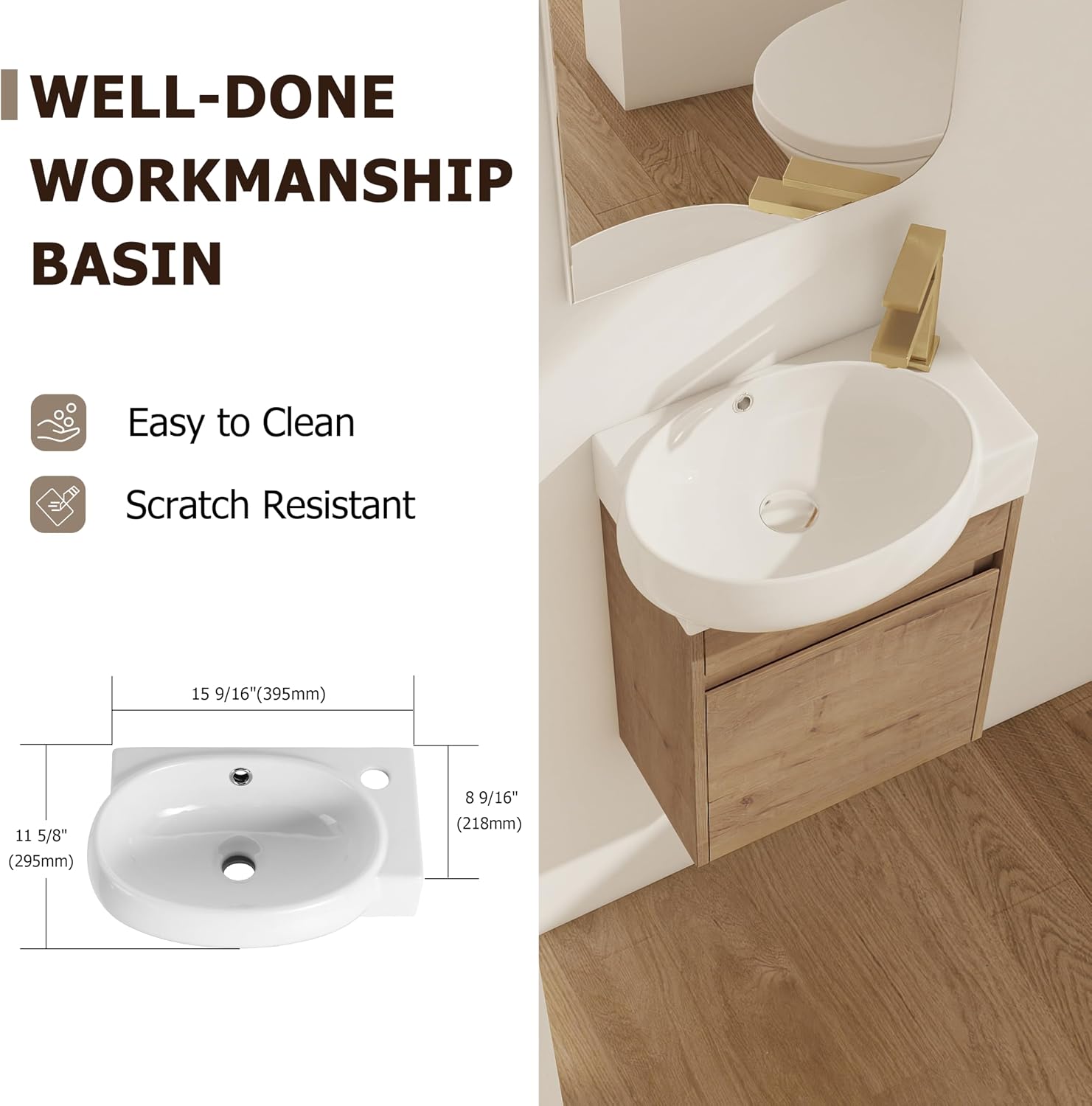 Glemab 16.80" Floating Wall-Mounted Bathroom Vanity, Wall-Mounted Storage Cabinet with Ceramic Sink, Soft-Close Cabinet Door, Bathroom Vanity with Ceramic Sink, Oak