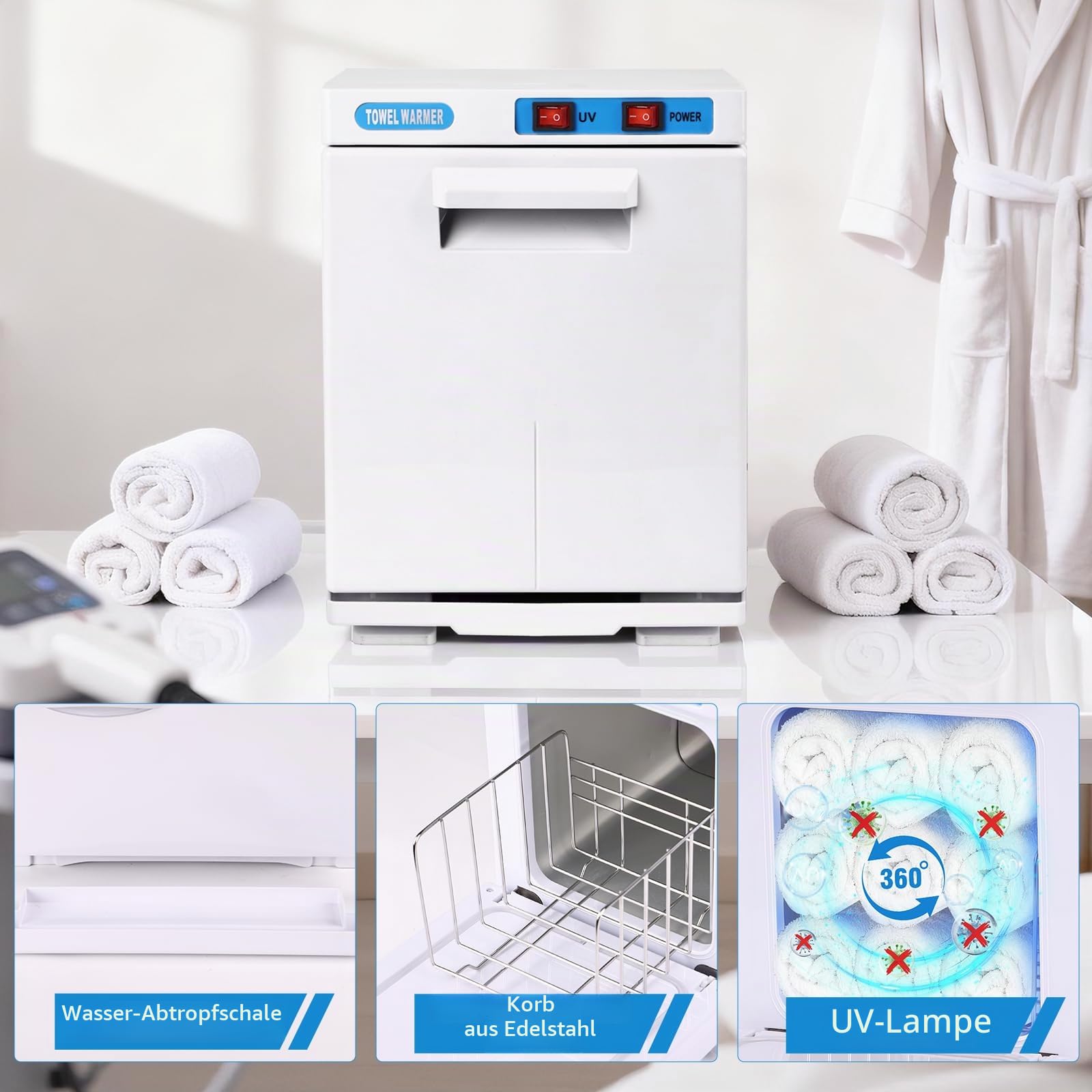 iklestar Handtuchwärmer, 5L Handtuchheizschrank mit Clip, Tragbare kleine Handtuchheizbox uv-licht sterilisator für Gesichtsbehandlungen, SPA, Schönheitssalon, Friseur, Kosmetiker, Weiß