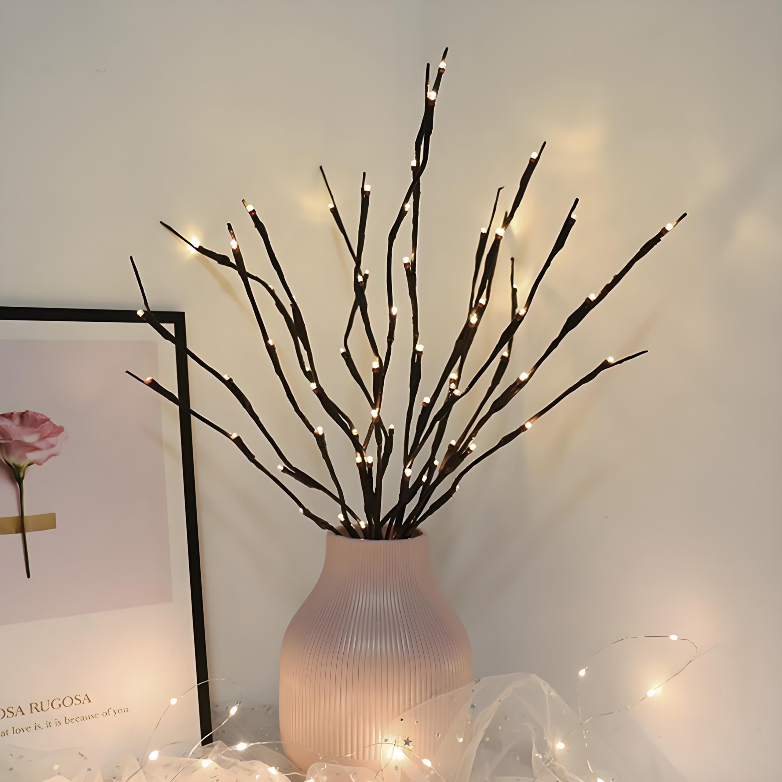 Romantic Proposal LED Twig Lights - PVC Iron Battery Operated 74cm Branch Lights 60 Bulbs for Home Office Studio Bedroom Living Room Decoration（White）