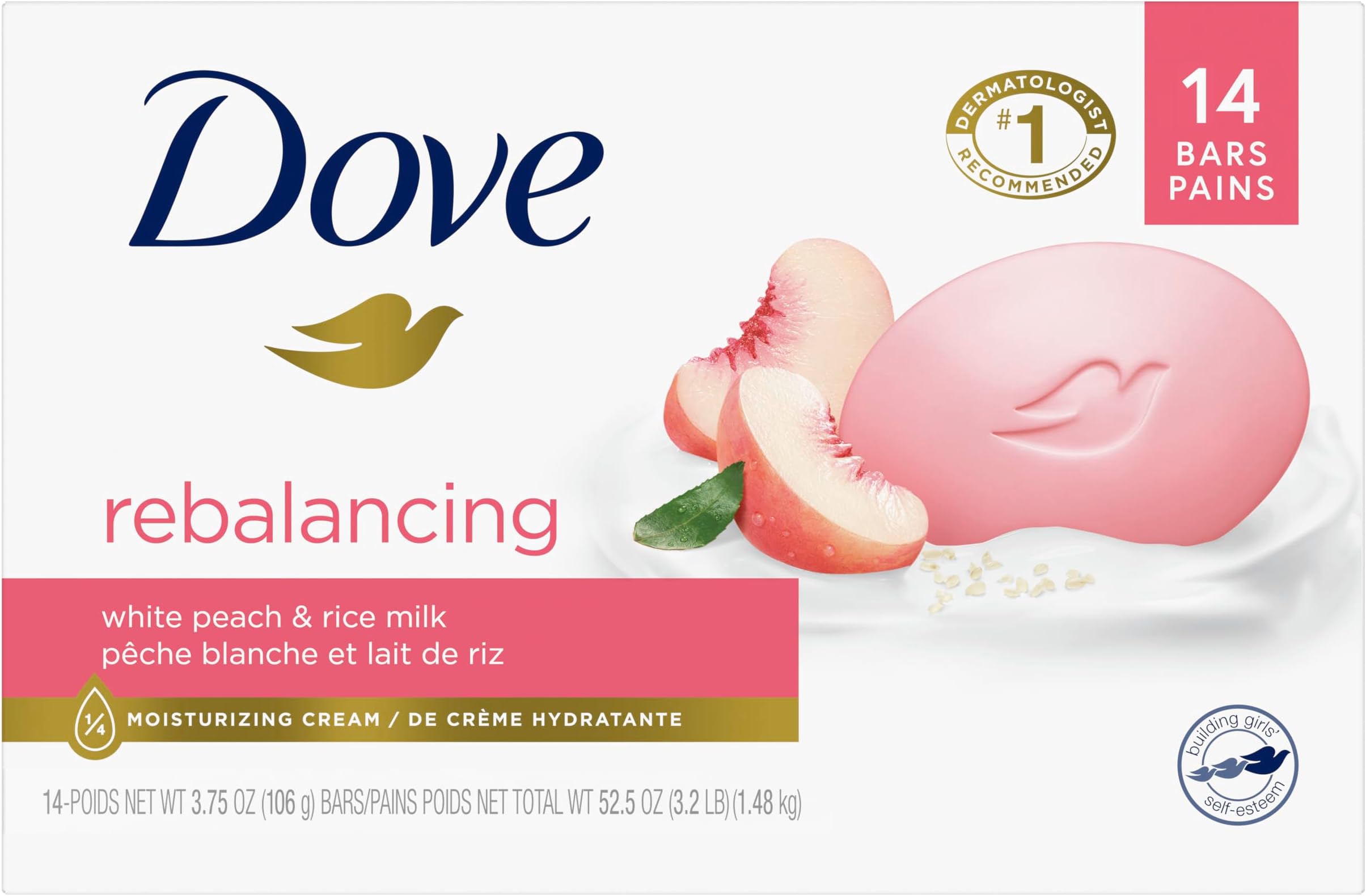 Beauty Bar Soap Rebalancing White Peach & Rice Milk, 14 Count for a Nourished and Moisturized Skin, with ¼ Moisturizing Cream Plant-Based Formula, 3.75 oz