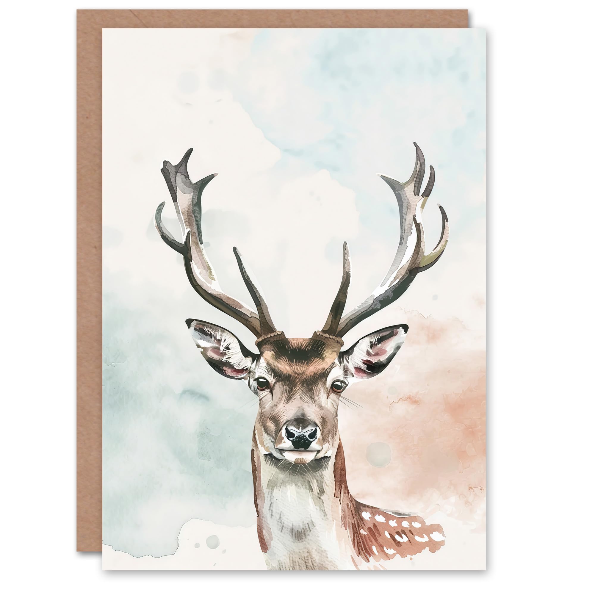 Artery8 Greeting Card Stag Head Portrait Modern Watercolour Pastel Blank For All Him Or Her Art Birthday Card
