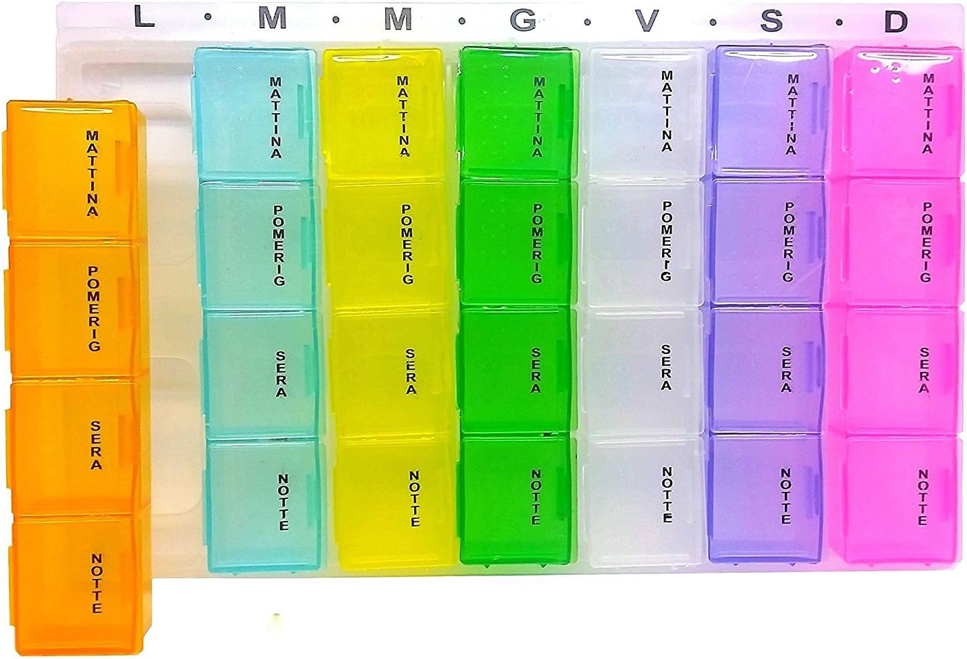 Inte Pill Box (Italian) 7 Day Pill Box, Every Day with Morning, Afternoon, Evening, Night, Reminder for Pills, 28 Compartments (multicolour)