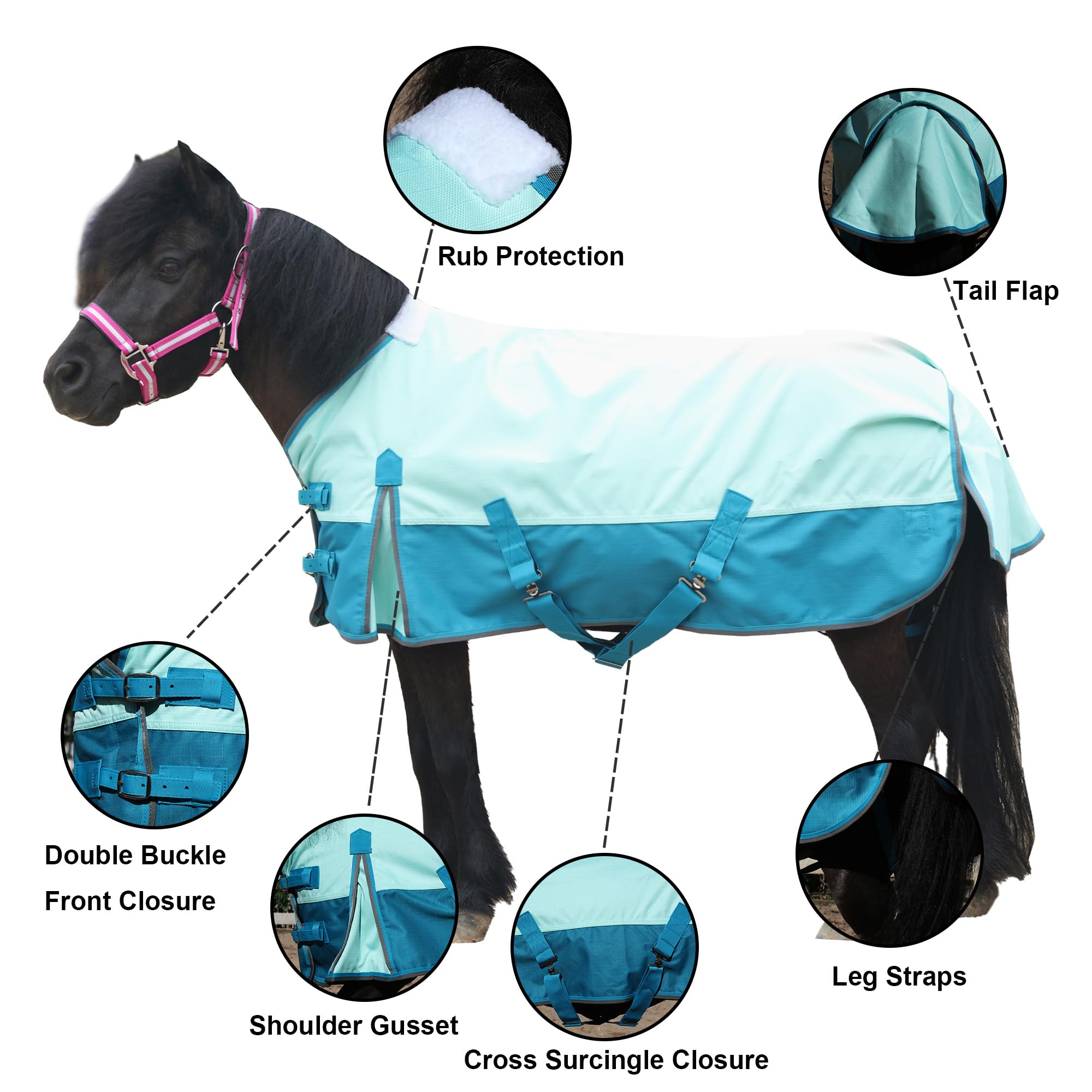 Leberna Impermeable 1200D Manta Ligera para Lluvia Pony Mini Shetland Turnout Relleno 0g (Turquesa, 3'9"/114 cm)