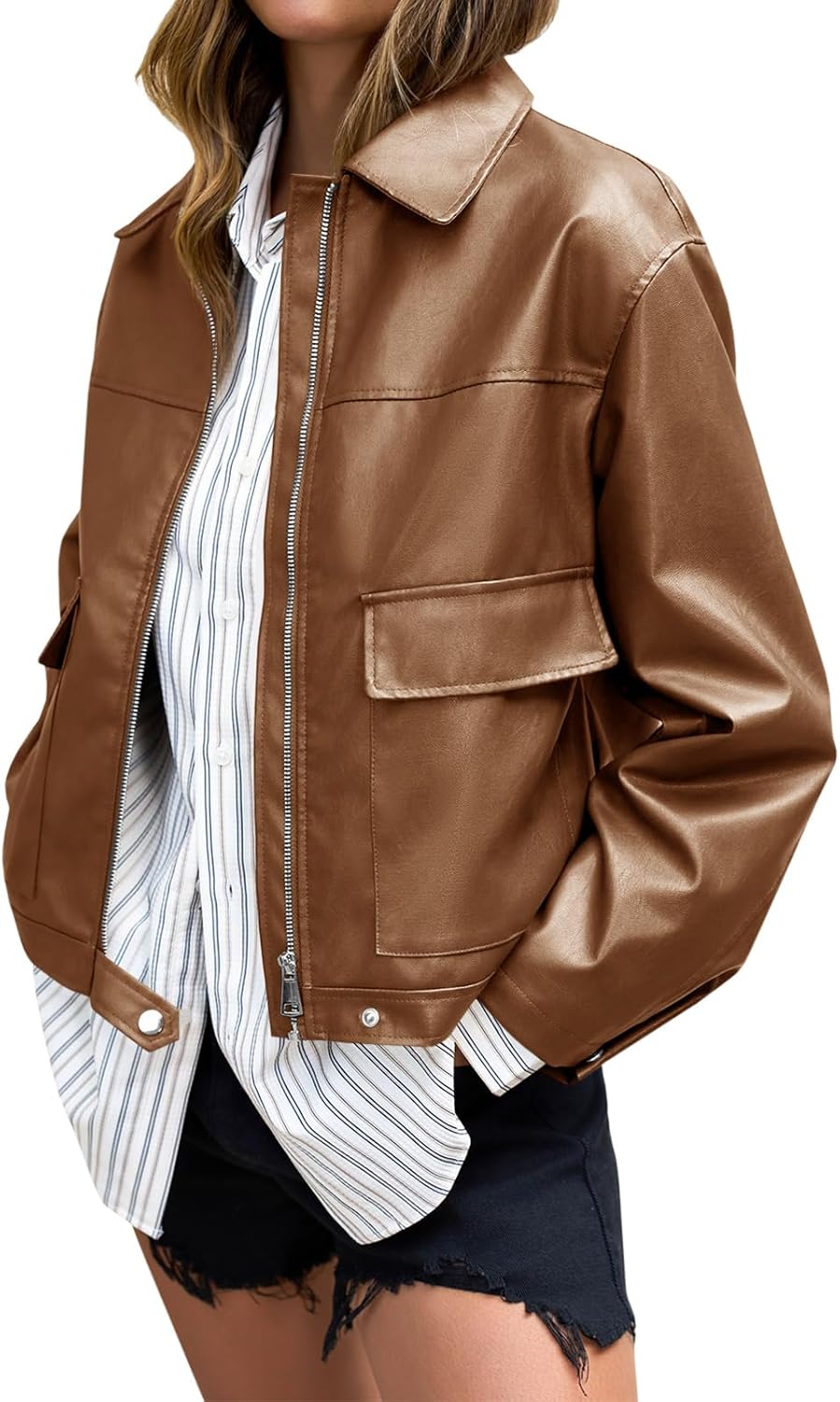 Cicy Bell Womens Faux Leather Bomber Jackets Zip Up Cropped Lapel Moto Coats Trendy Casual Outerwear with Pockets