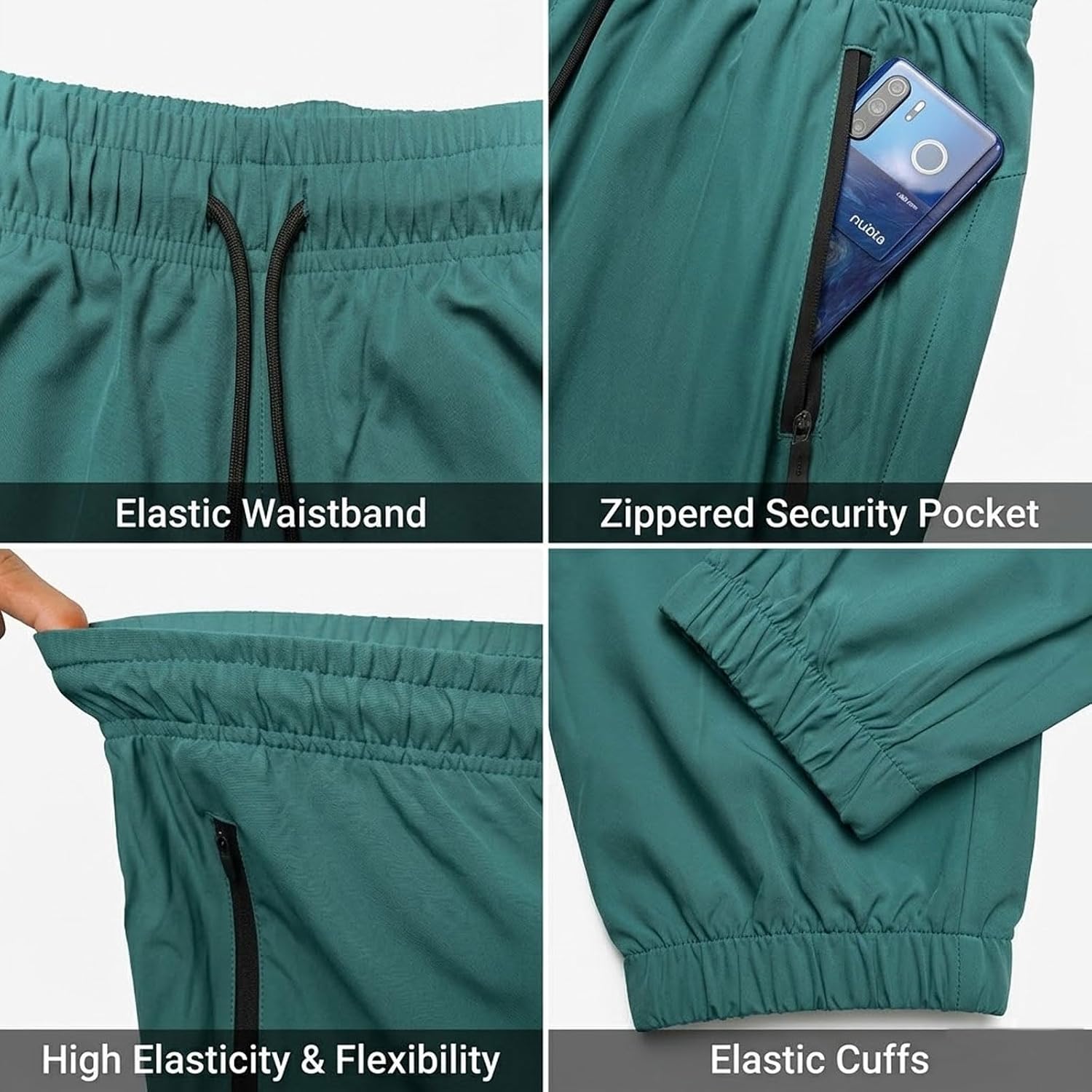 5 Pack Men's Athletic Joggers with Pockets and Zipper, Drawstring Elastic Waist, Quick Dry Lightweight Pants