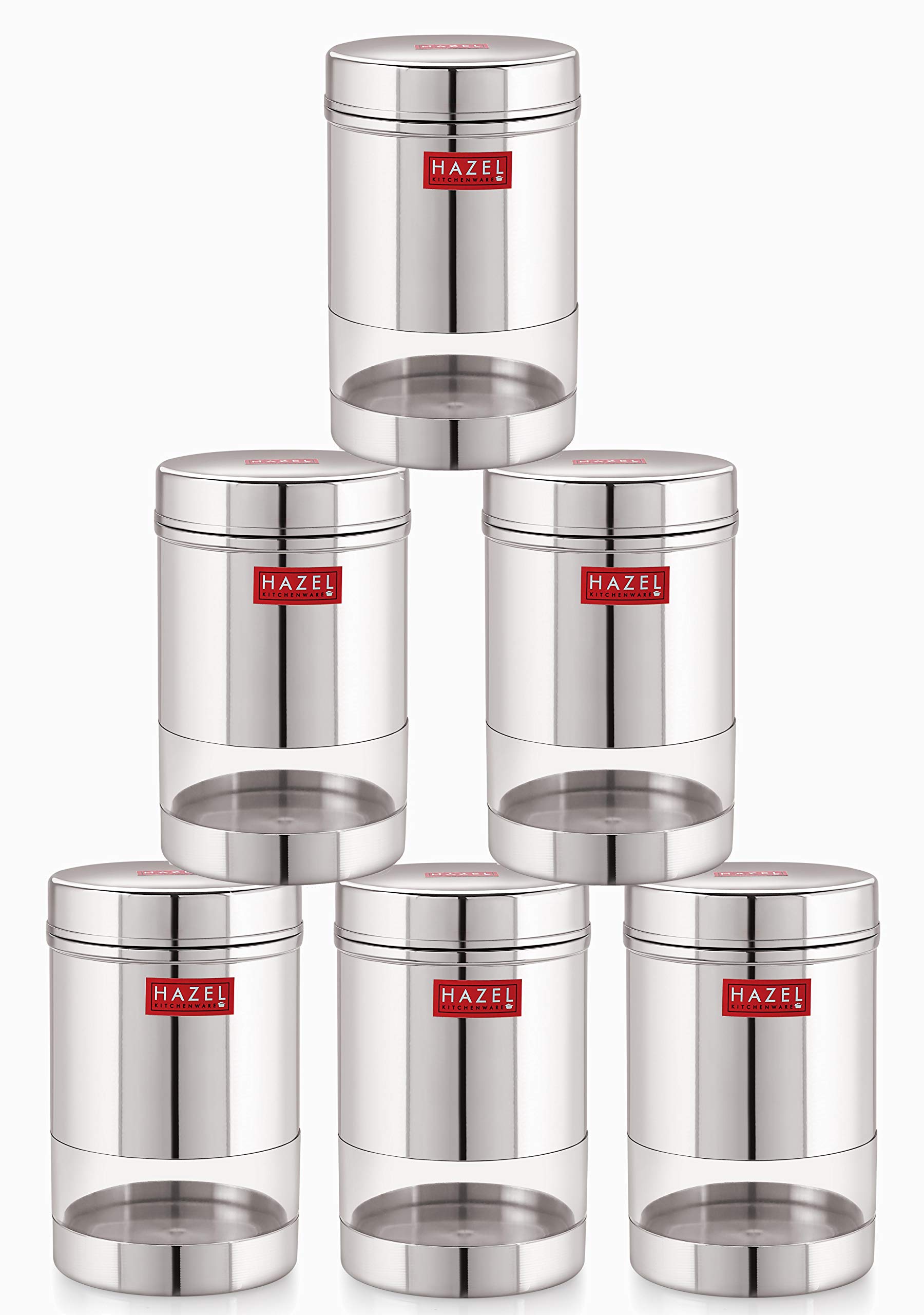 HAZEL Stainless Steel Kitchen Container | 600 ml Each Transparent Kitchen Container Set with Glossy Finish | Multipurpose Kitchen Storage Organizer, Set of 6