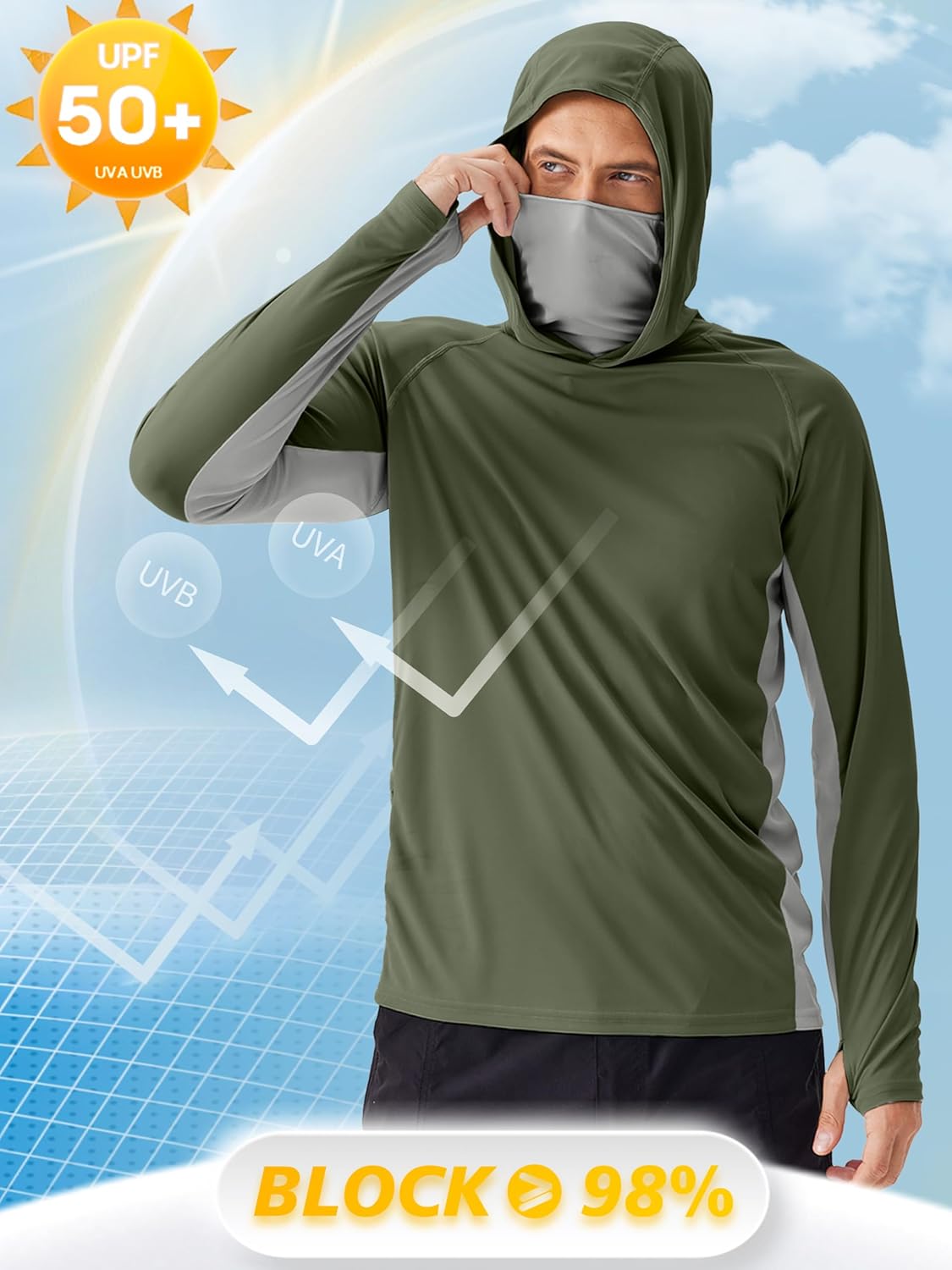 PINSPARK Men's Sun Protection Hoodie with Mask UPF 50+ UV Long Sleeve Shirt Men Rash Guard Performance Fishing Hiking Shirt - Image 5