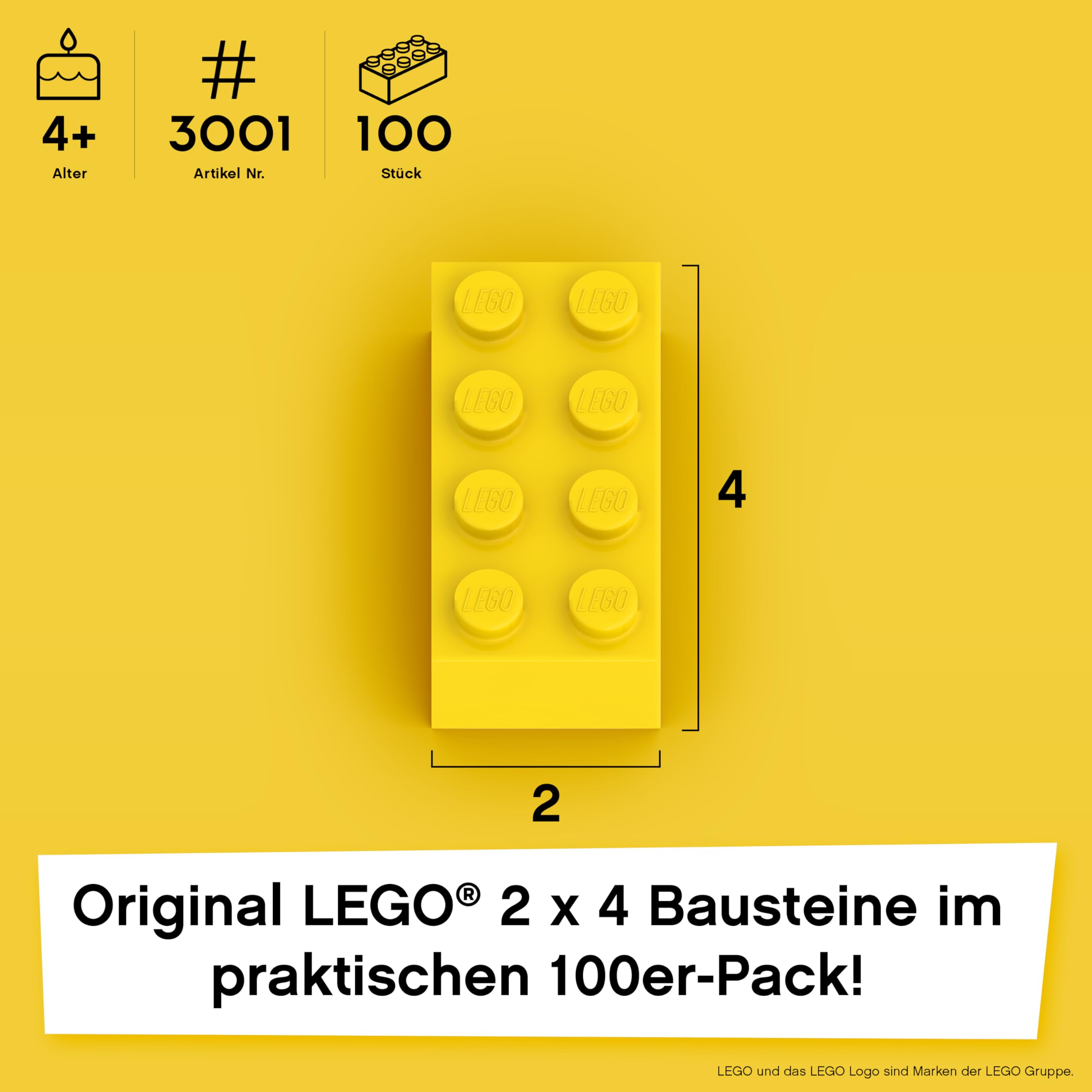 Lego 2x4 Piedras clásicas, 100 unidades – bloques de construcción individuales en paquete grande, para placa y caja Lego, juego de principiantes, ladrillos básicos (3001) (amarillo)