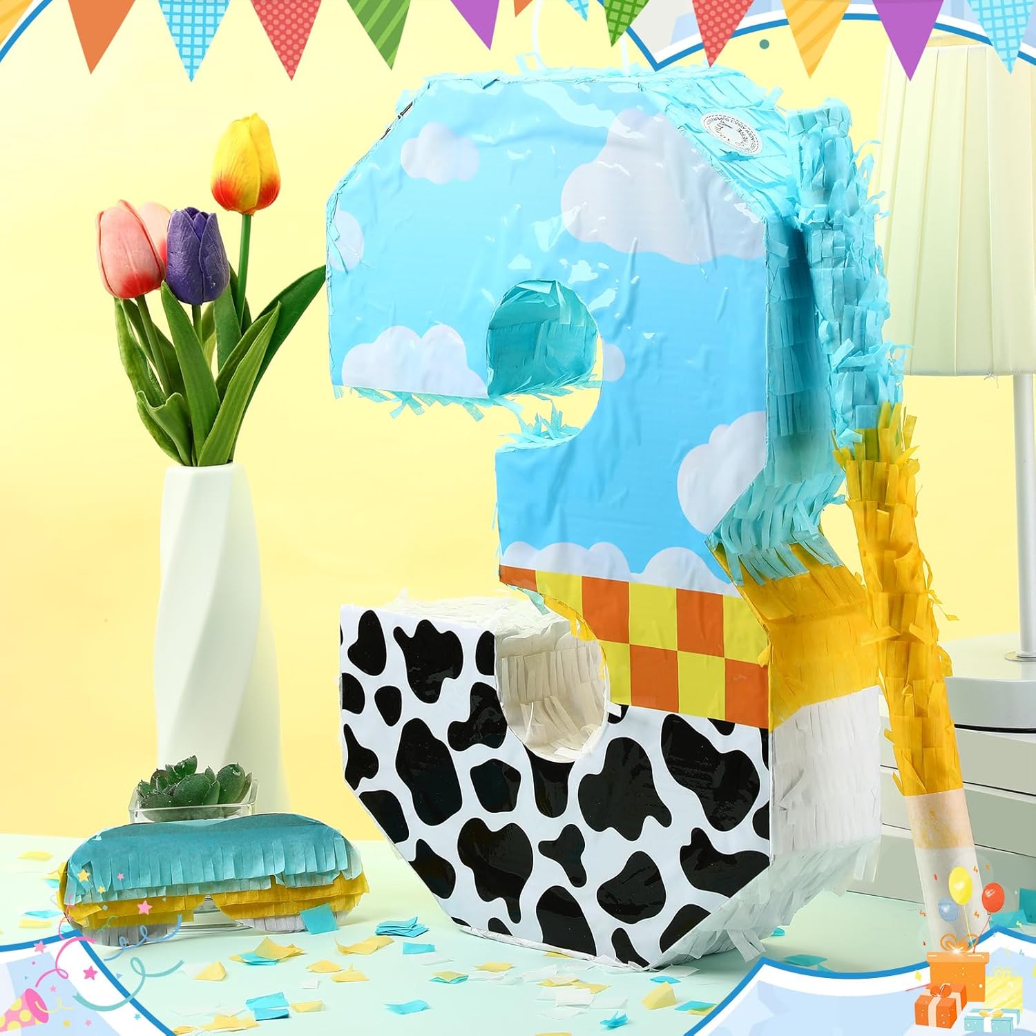 Poen Cow Number Piñata for Kids Birthday Decorations Toy Game Cow Birthday Piñata with Stick Blindfold and Confetti Blue Sky and White Cloud Candle for Boy Girls Party Inspire Decor(Number 3)