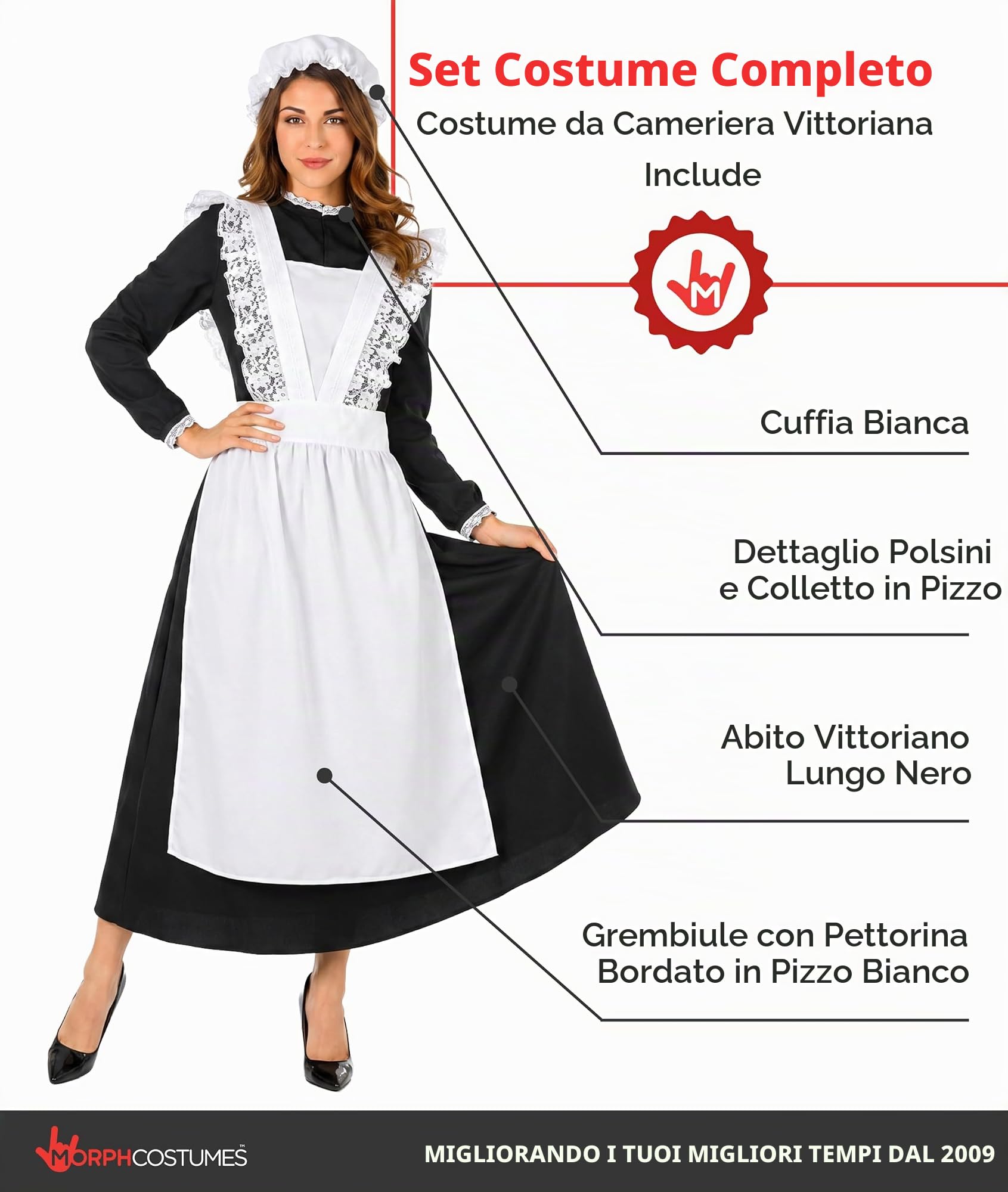Fun Shack Costume Cameriera Vittoriana Donna, Costume Halloween Donna | Abito Lungo Nero, Grembiule in Pizzo & Copricapo, Stile Vittoriano, Perfetto per Halloween, Ideale per Travestirsi