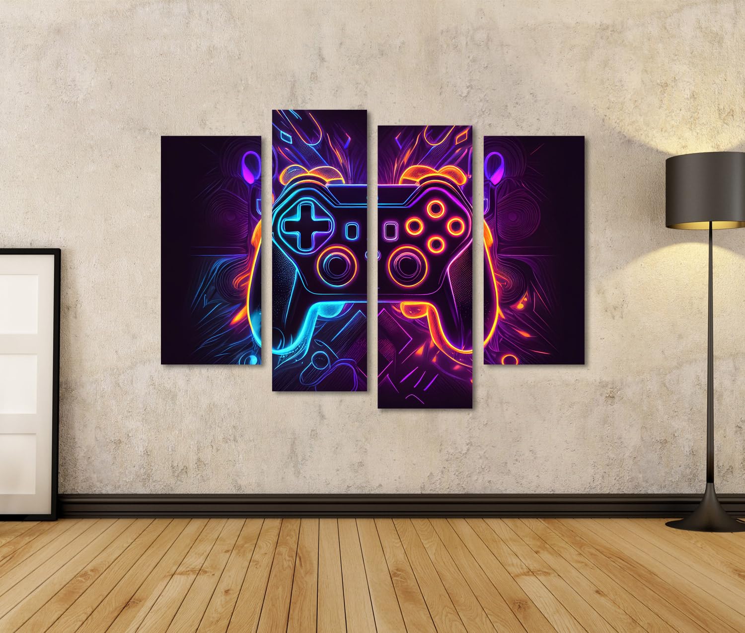 bilderfelix Quadro su tela Controller per videogiochi al neon astratto Cyber Gaming Video al neon astratto - Tela 130x80 cm - 4 pannelli