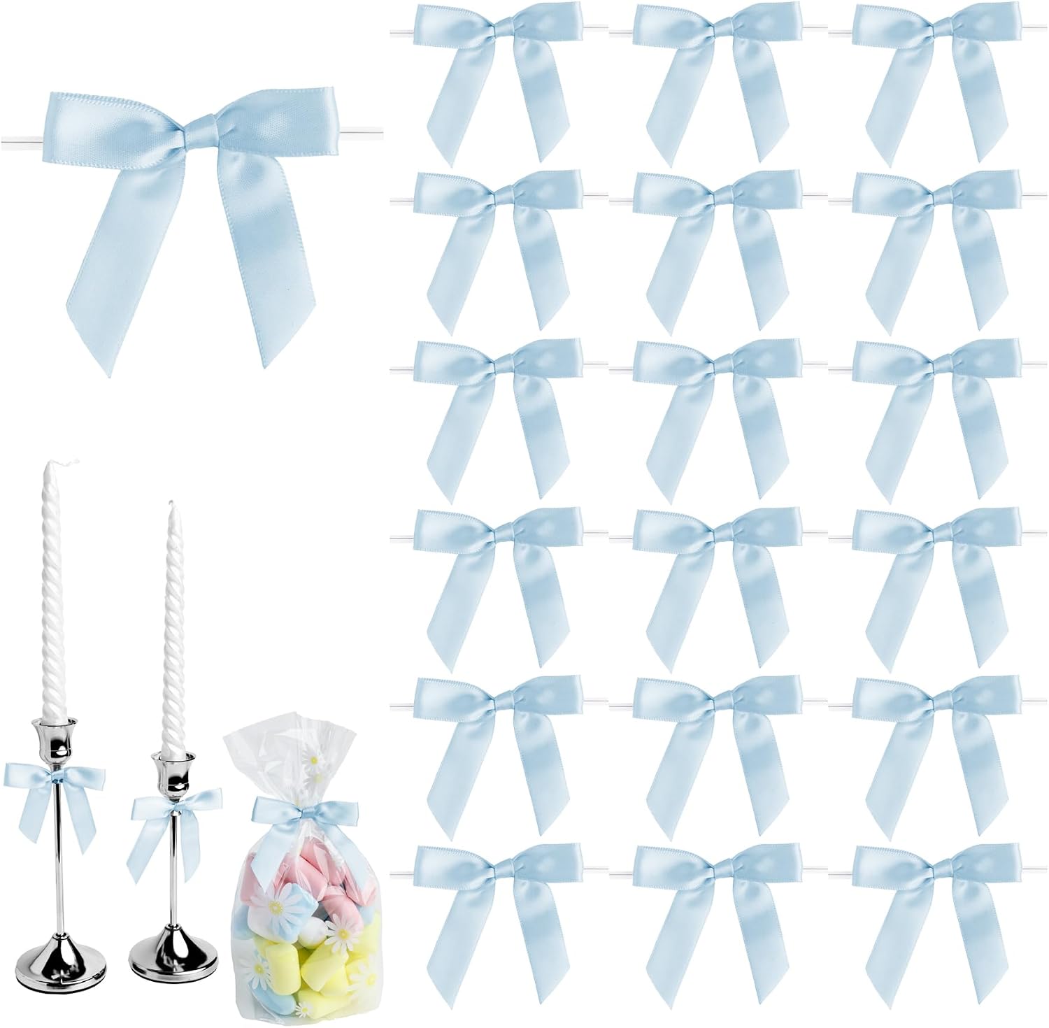 50 PCS Light Blue Twist Tie Bows 2.5" Satin Ribbon Bows Decor for Gift Wrapping Craft Treat Bags Cake Pop Basket, Wedding Baby Shower Birthday Party Favors