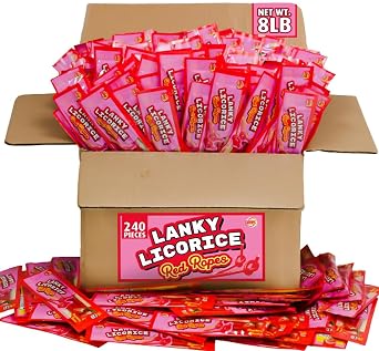 Lalees Bulk Red Licorice Candy - Approx. 240 Packs - 8 Pound Box of Candy - Strawberry Licorice Ropes - Individually Wrapped Red Candy - Lanky Licorice Ropes