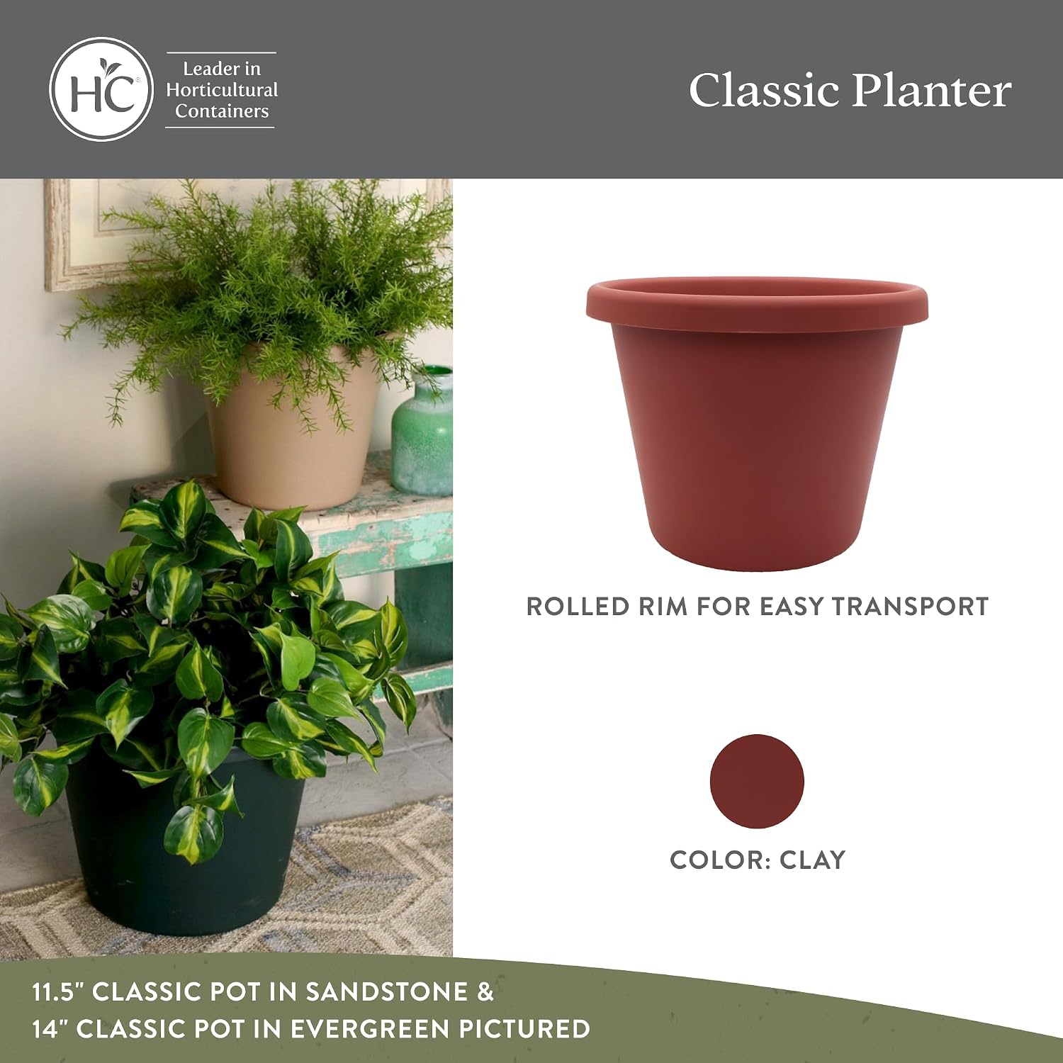 The HC Companies Classic Round Plastic Plant Pot w/Rolled Rim - Lightweight & UV Resistant Flower Pot for Herbs & More - Outdoor & Indoor Plant Pots w/Drainage (20 inch Clay, Pack of 1)