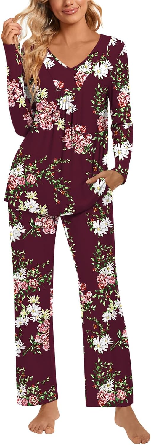 POPYOUNG 2 Piece Women’s Fall Pajama Sets V Neck Long Sleeve Lounge Sleepwear Pjs Sets with Pockets