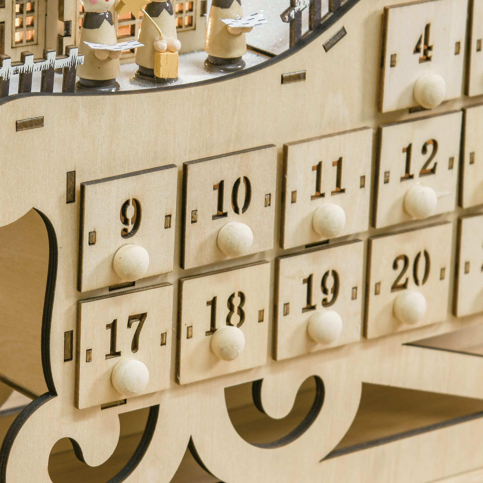 HOMCOM Calendrier de l'avent en bois Lumineux Frome de traineau - 10 lumières Blanc Chaud - 24 tiroirs - décoration Lumineuse de Noël