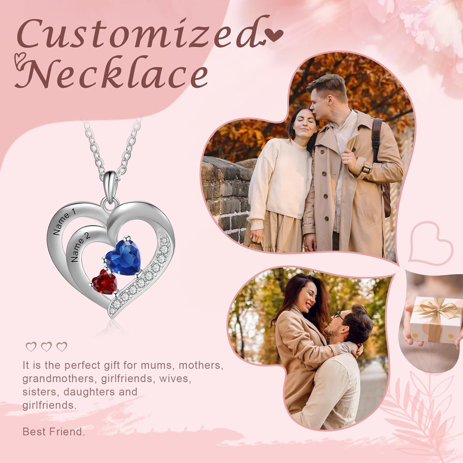 Love Jewelry Personalized Mothers Pendant Necklace with Heart Birthstone, Engraved Family Names Promise Necklace for Women Mom Wife