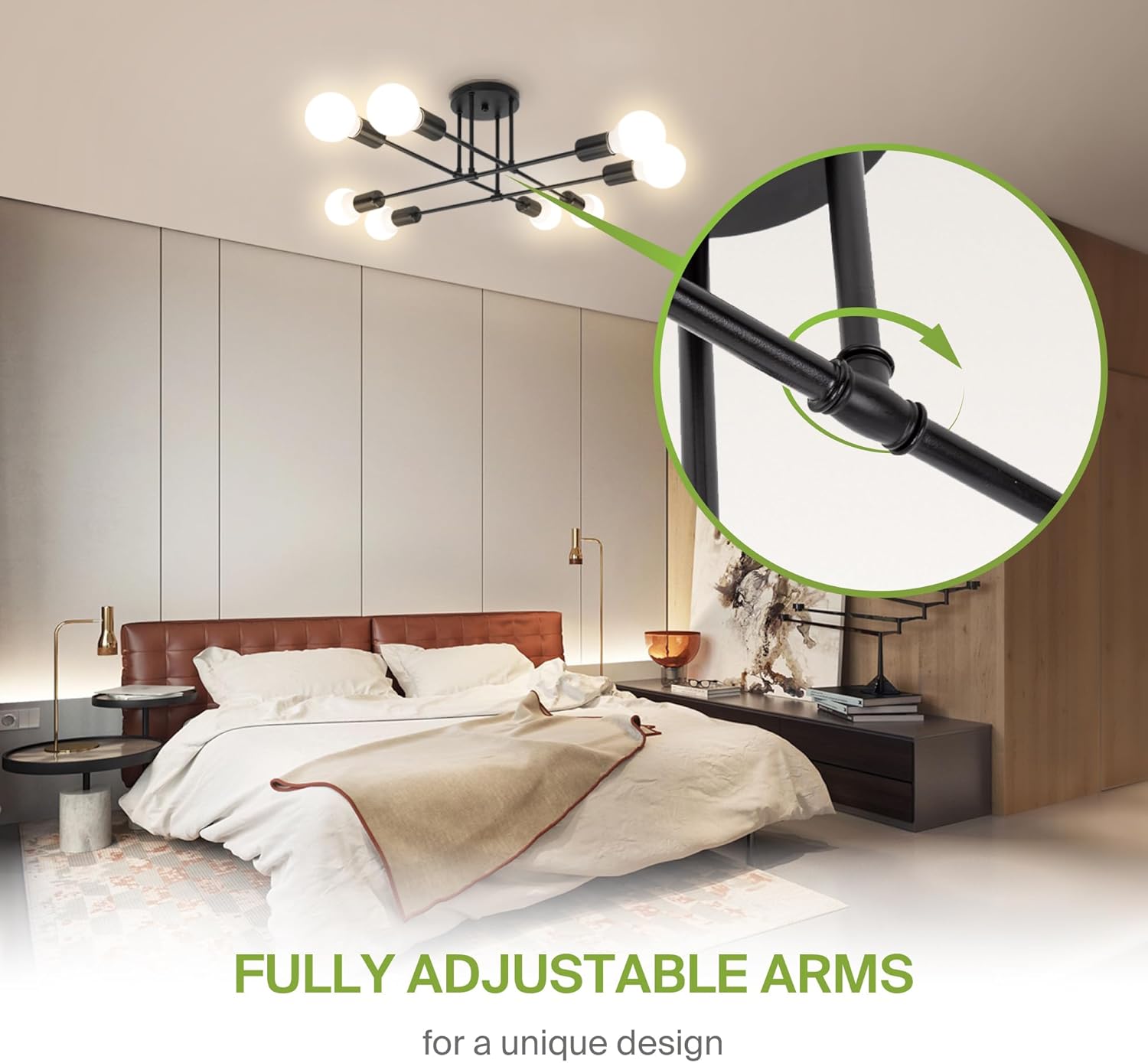 ASD Modern Sputnik Chandelier, 8 Lights Mid Century Semi Flush Mount Ceiling Light Fixture with E26 Base, Black Chandelier for Bedroom Dining Room Living Room Kitchen Office, ETL Listed