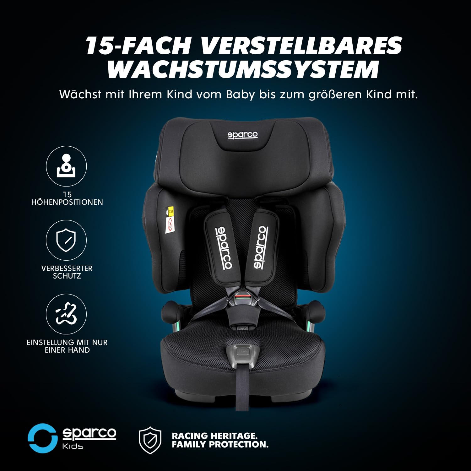 Sparco i-Size-Kindersitz SK8000IBK für Kinder von 76 bis 150 cm, ECE R129/04-zertifiziert, mit ISOFIX und Top Tether, verstellbarer Kopfstütze, klappbarer Rückenlehne und 5-Punkt-Gurt, Farbe: Schwarz